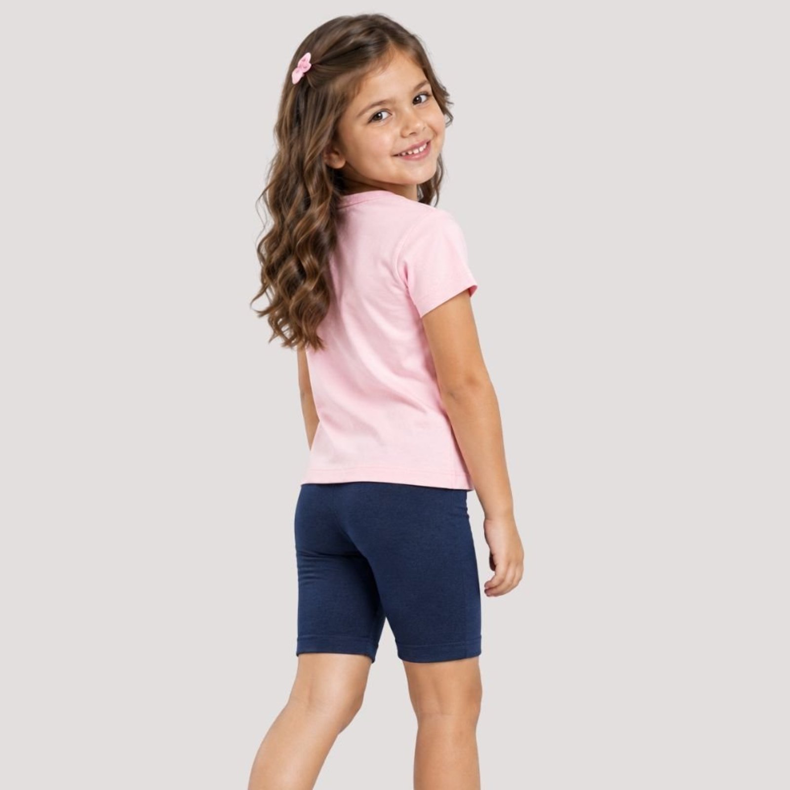 Infantil - Conjunto Menina Blusa Meia Malha e Shorts Ciclista em Cotton Confortável