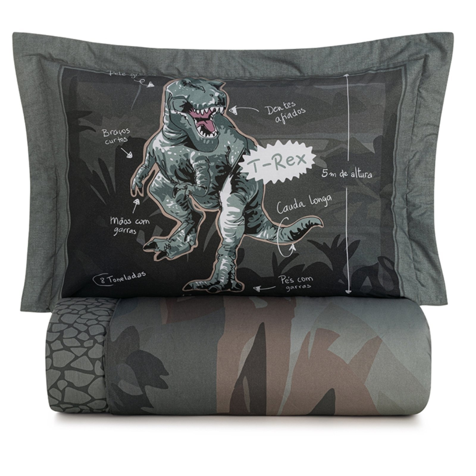 Kit Colcha Solteiro 200 Fios Karsten Dinossauros T-Rex Cinza