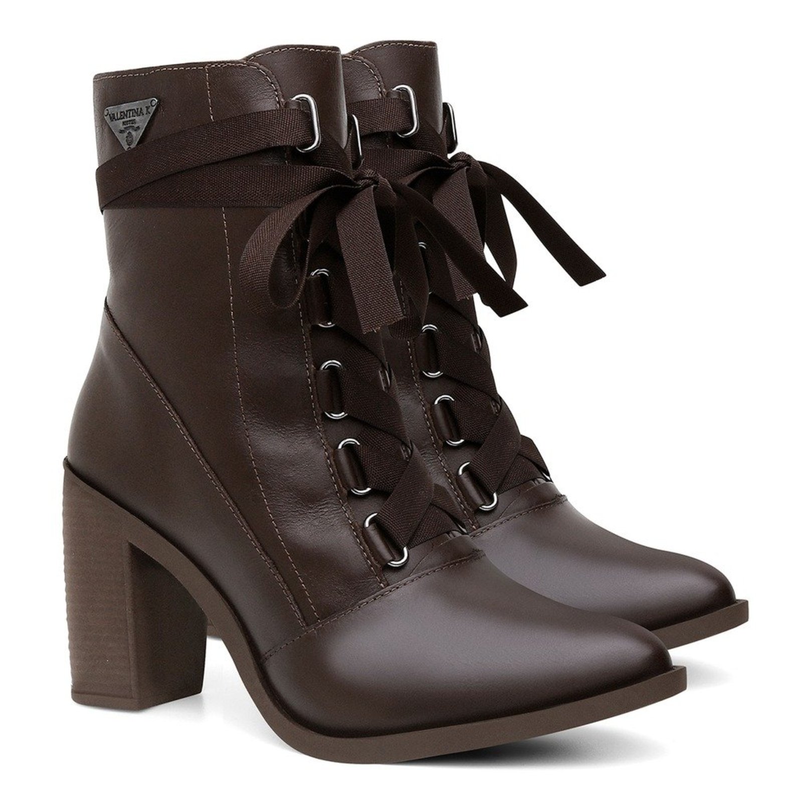 Bota Feminina Couro Valentina K Salto Grosso Cano Médio Casual