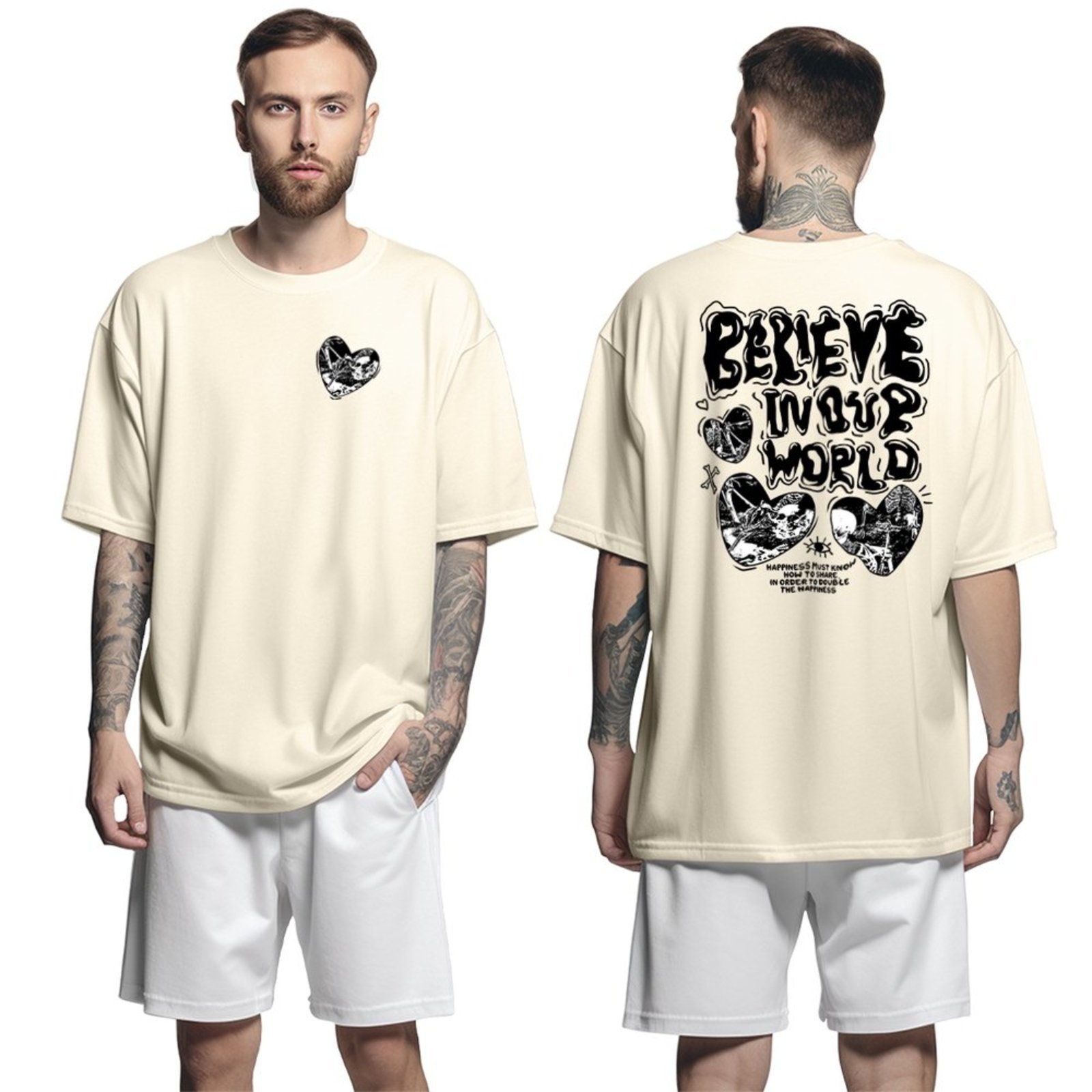 Camisa Camiseta Oversized Streetwar Genuine Grit Masculina Larga 100% Algodão 30.1 Believe in Our World – Bege – P