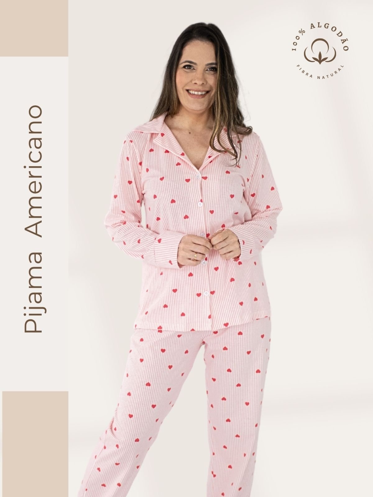 Pijama Algodão Americano Feminino Longo Piante Amanda Corações Listrado