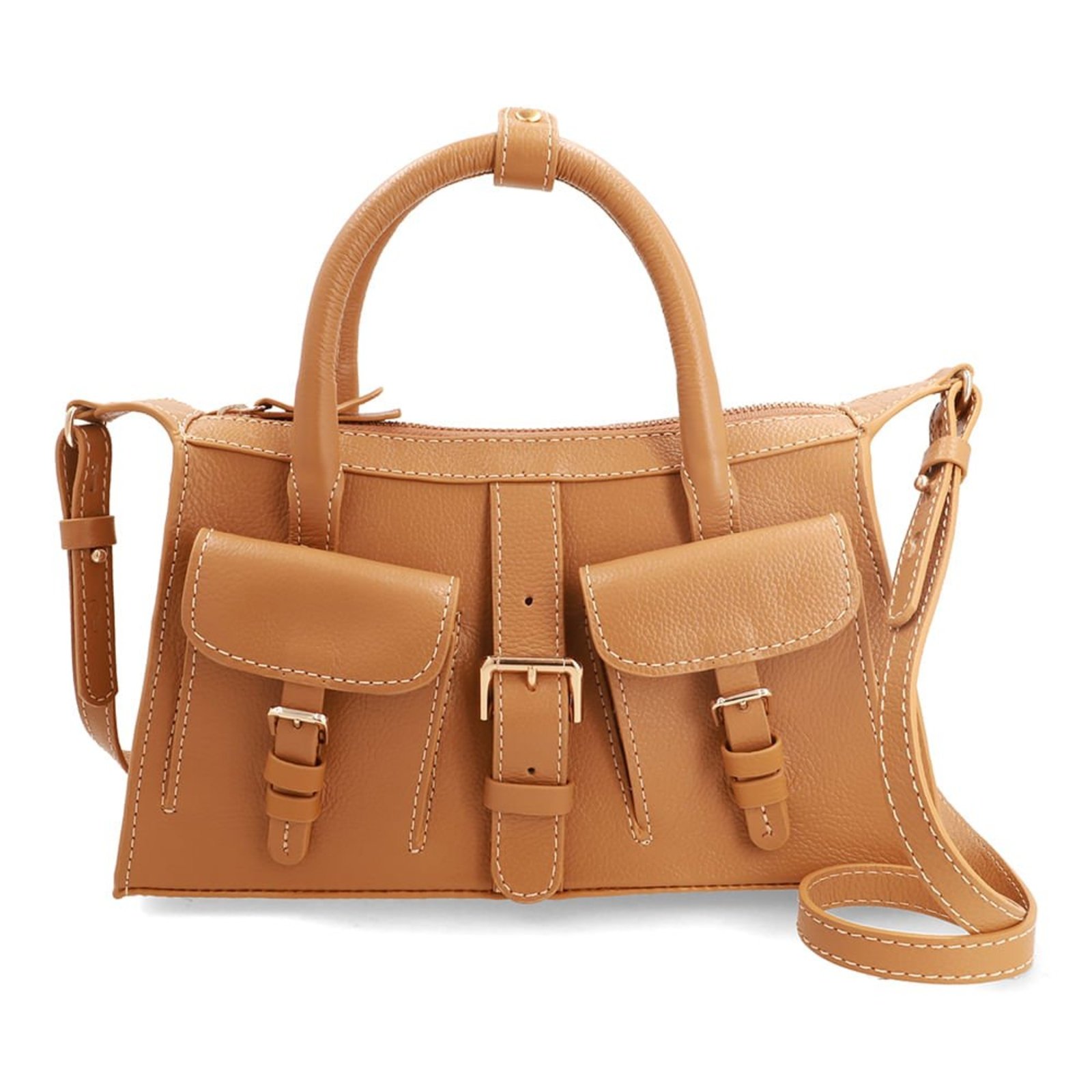 Bolsa Tote Em Couro Amarelo Com Zíper e Bolsos Frontais