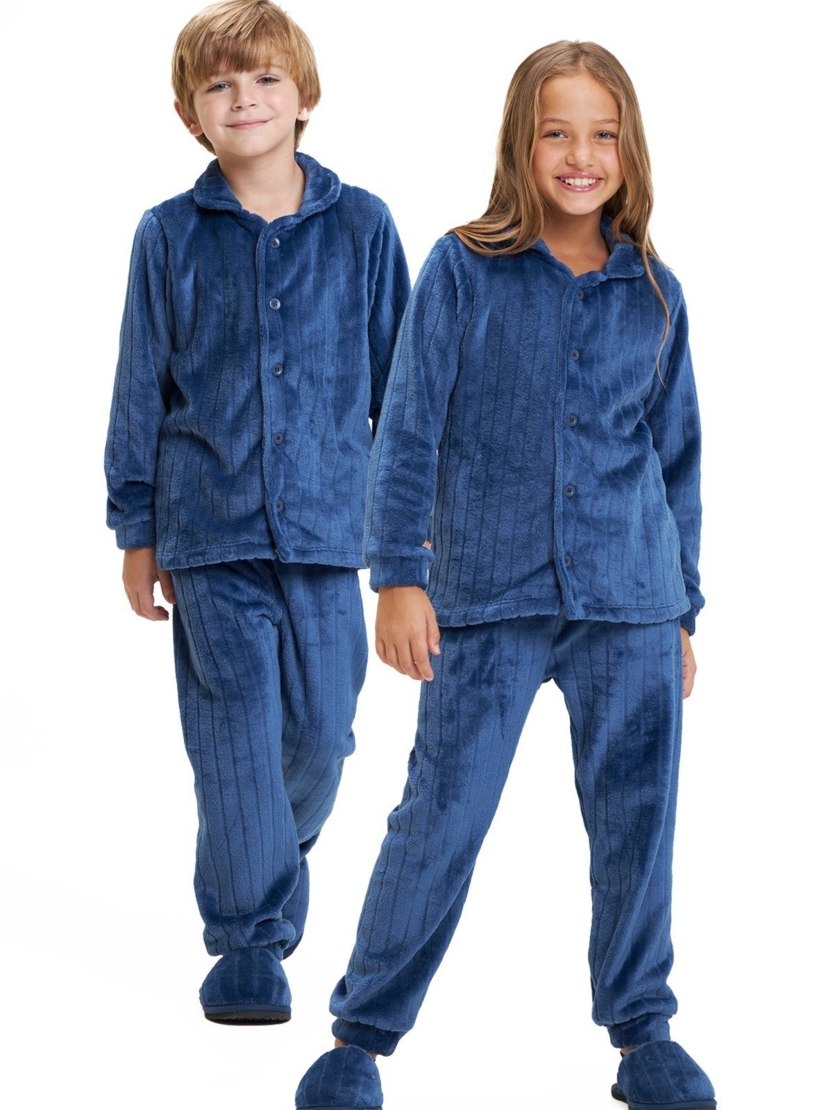 Pijama Americano em Fleece Unissex Magicamente Canelado Azul