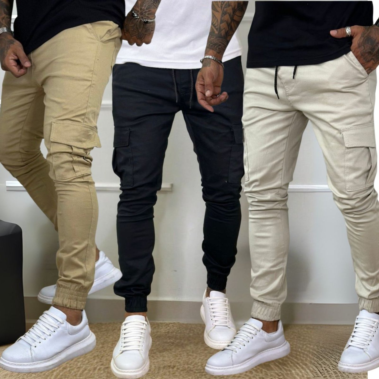 Kit 3 Calça Jogger Cargo Masculina Off White Preto e Bege Linha Premium 100% Algodão