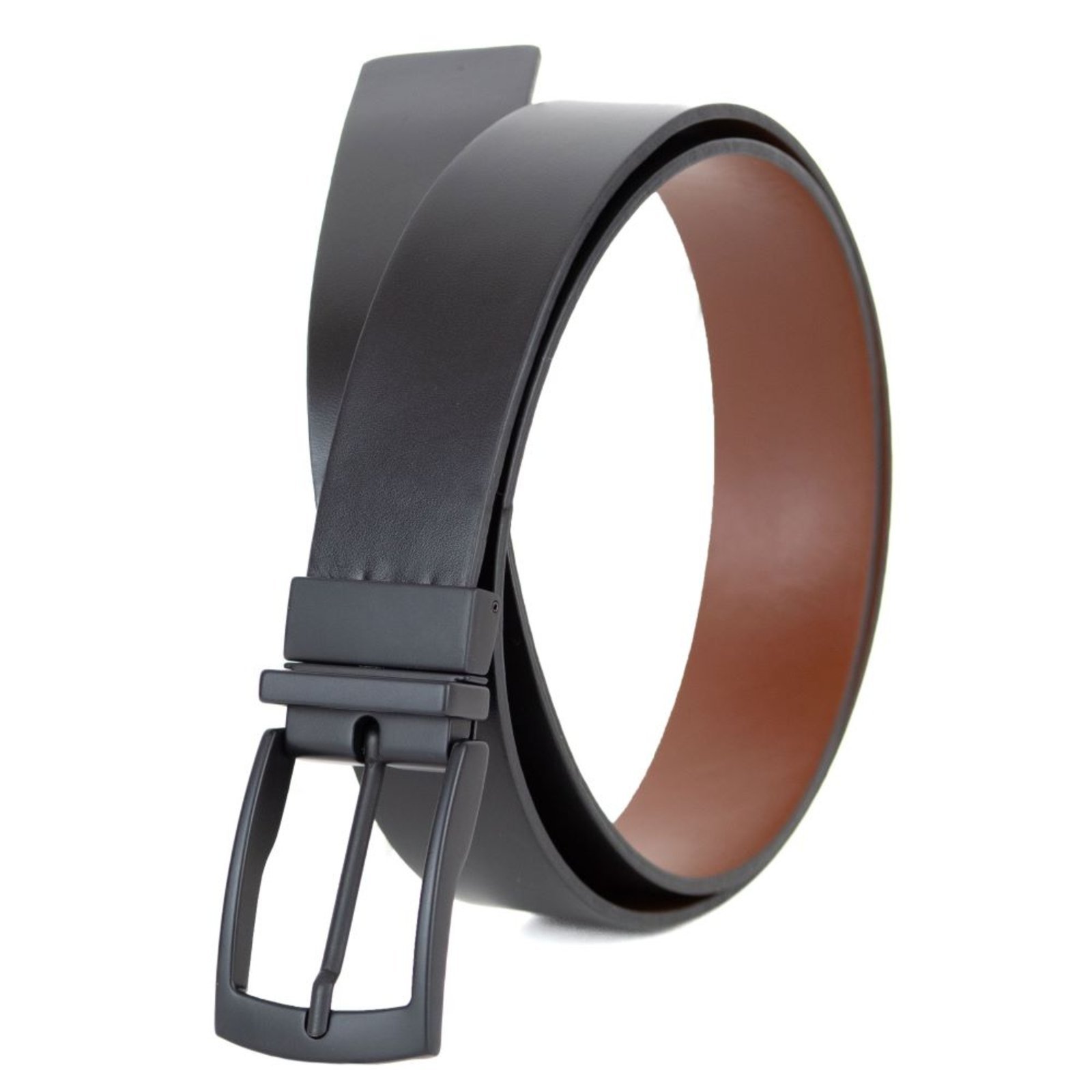 Cinto Masculino em couro dupla face S-38 na cor preto/whisky com fivela preto fosco