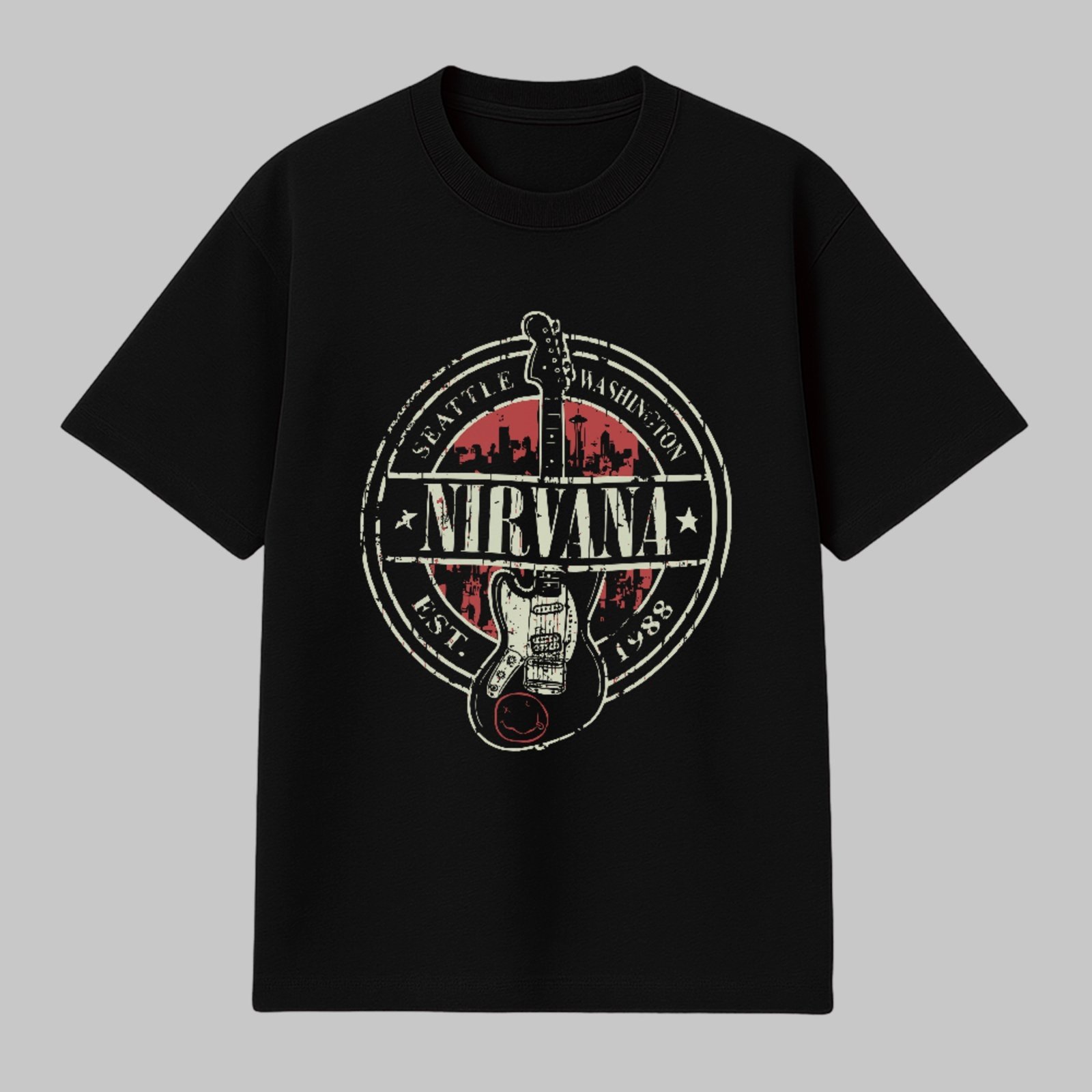Camiseta Básica Nirvana Rock Guitar Vintage Unissex Preto