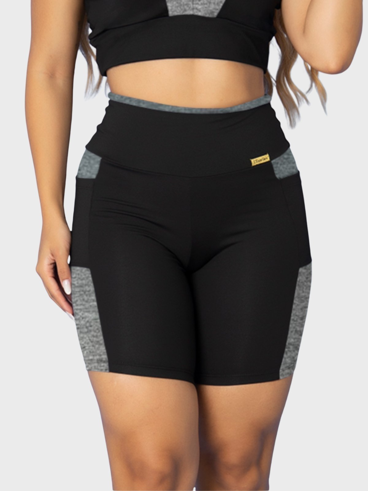 Short Fitness Tarelles Cintura Alta Bolso Preto e Mescla