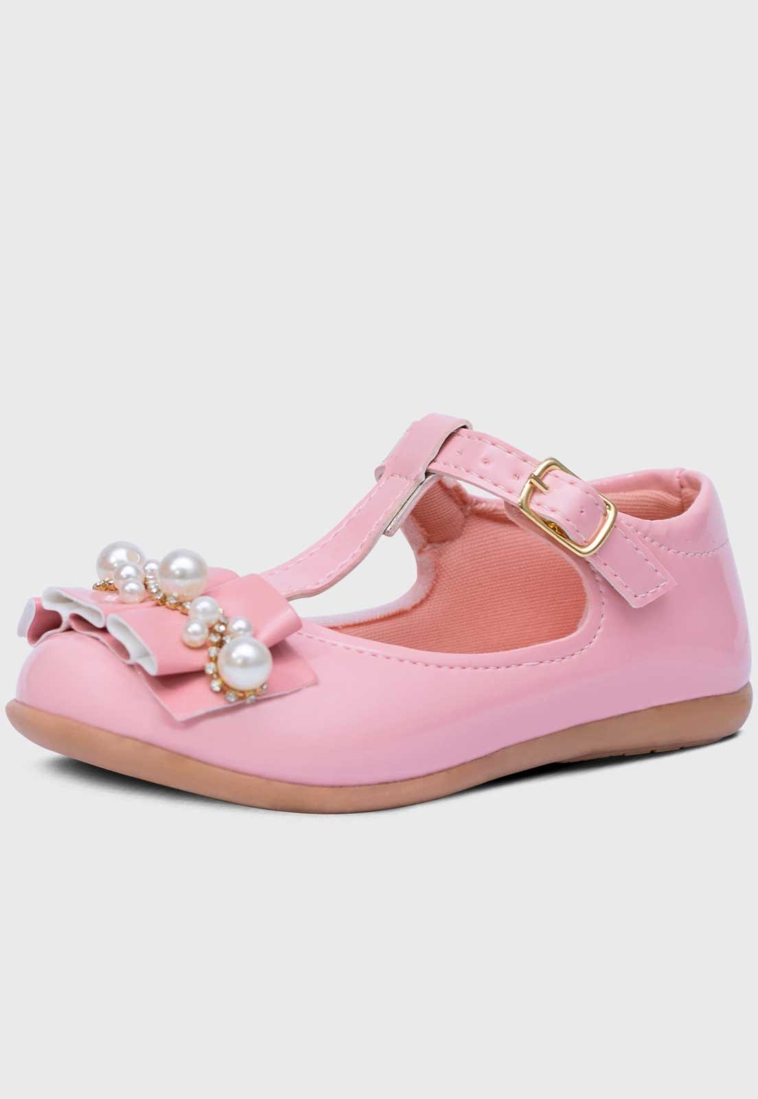 Infantil – Sapatilha Salomé Menina Laço Pérola Sanfonado Rosa