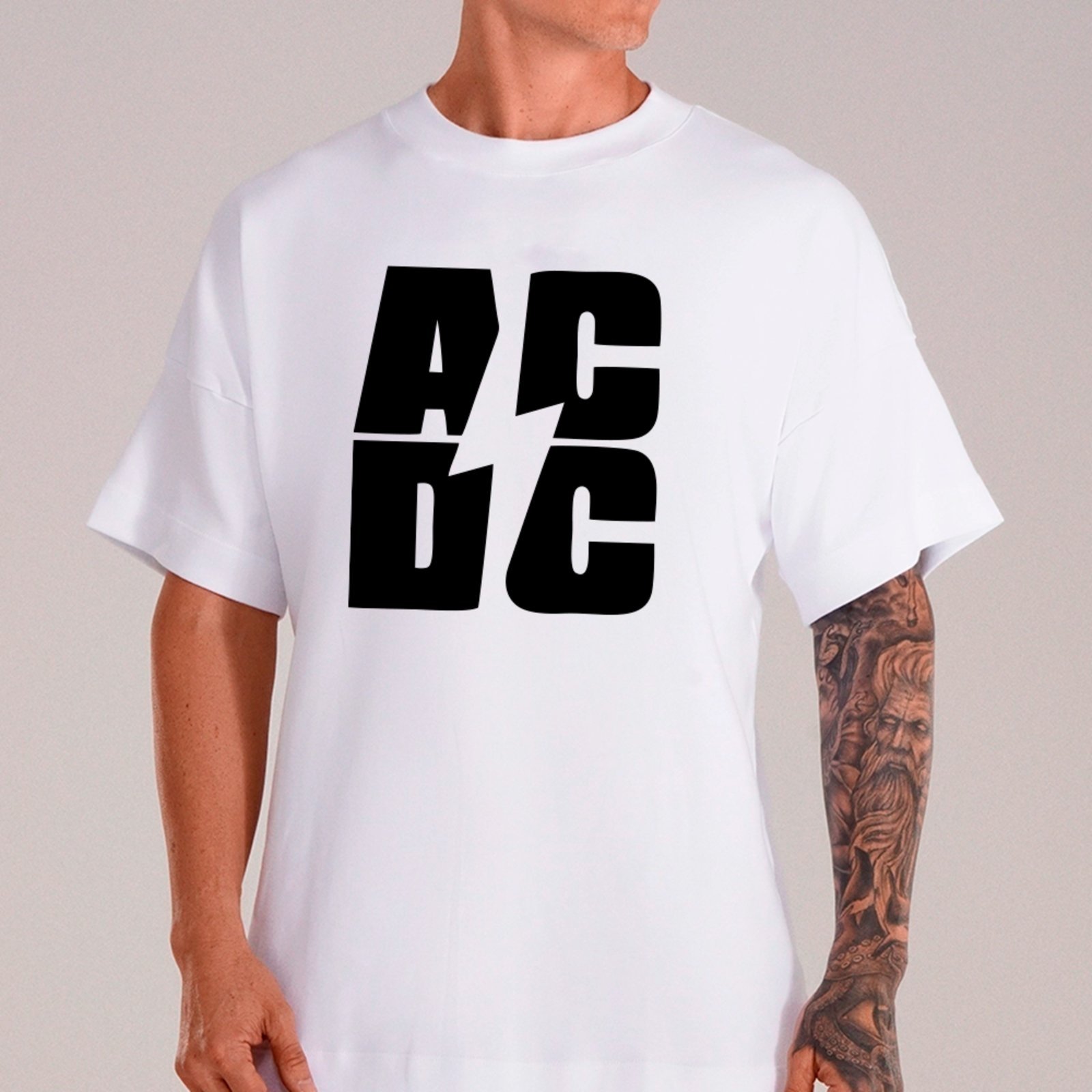 Vista 2 Camiseta Ousy Básica AC DC Logo Simples Rock And Roll Unissex branco ousy branco