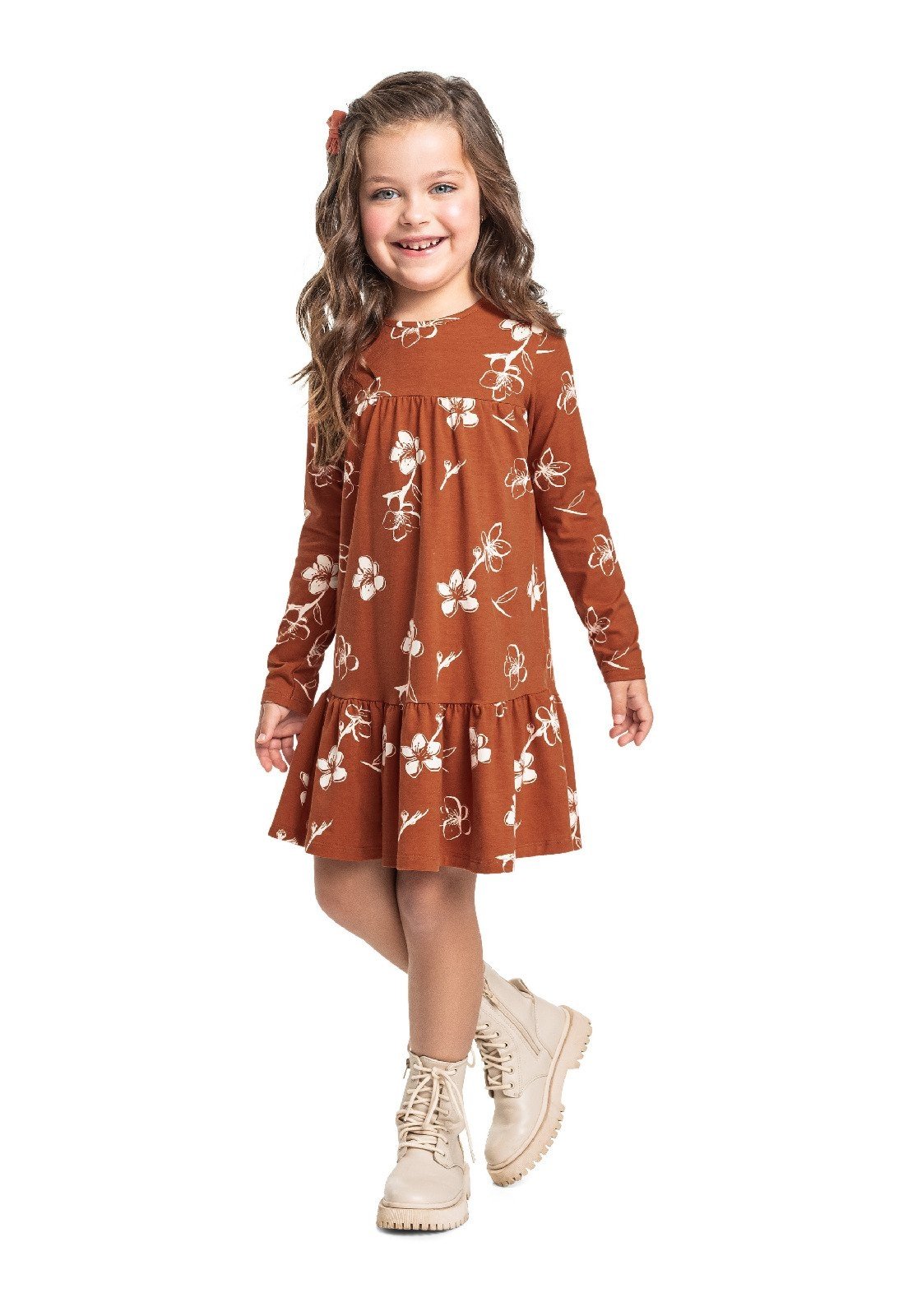 Infantil - Vestido Manga Longa Floral Bee Loop Bege