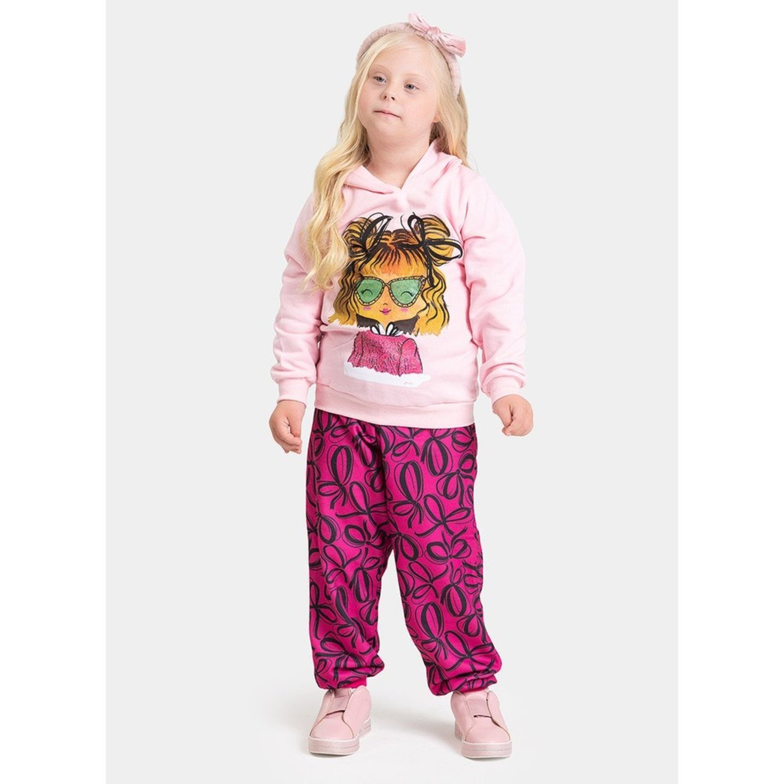 Infantil - Conjunto Inverno Menina Rosa Blusão com Capuz e Calça em Moletom Laços
