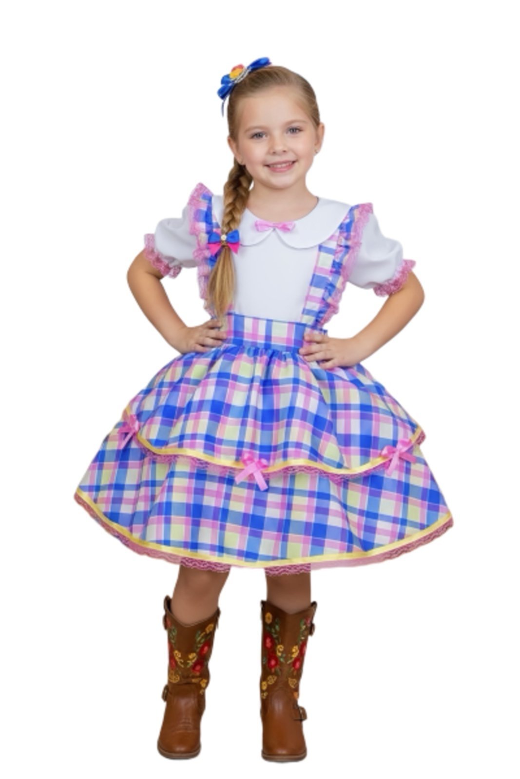 Infantil - Vestido Conjunto Xadrez Azul Rosa Festa Junina Junino Caipira Quadrilha Sinhá Luxo São João