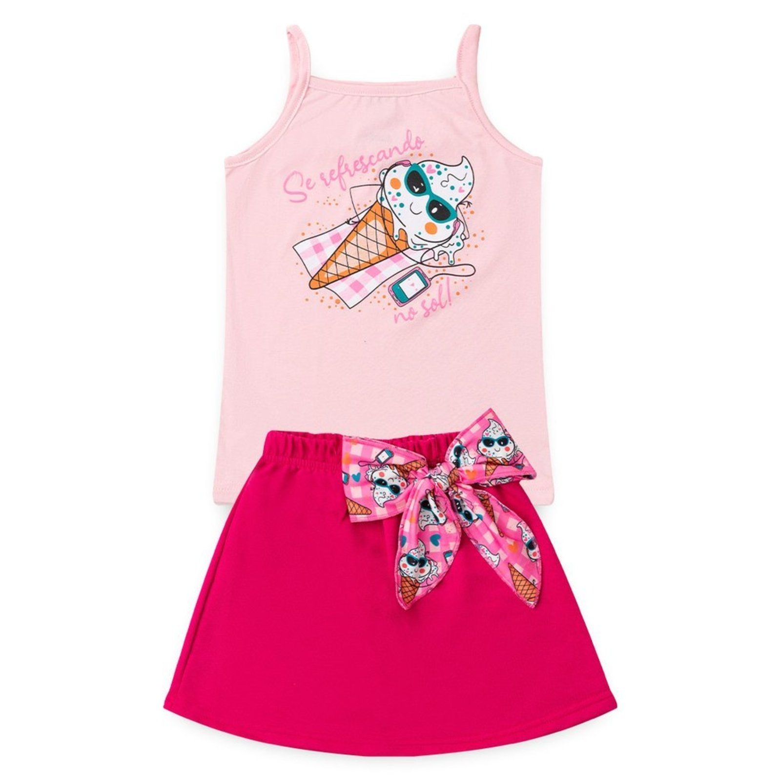 Infantil - Conjunto Verão Menina Rosa Regata Alcinha e Saia com Laço Sorvetes