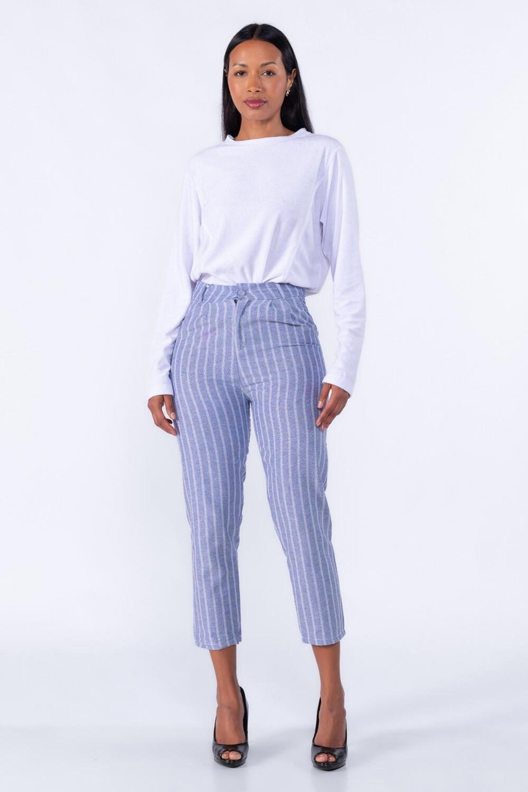 Calça Risca de Giz Pregas Azul