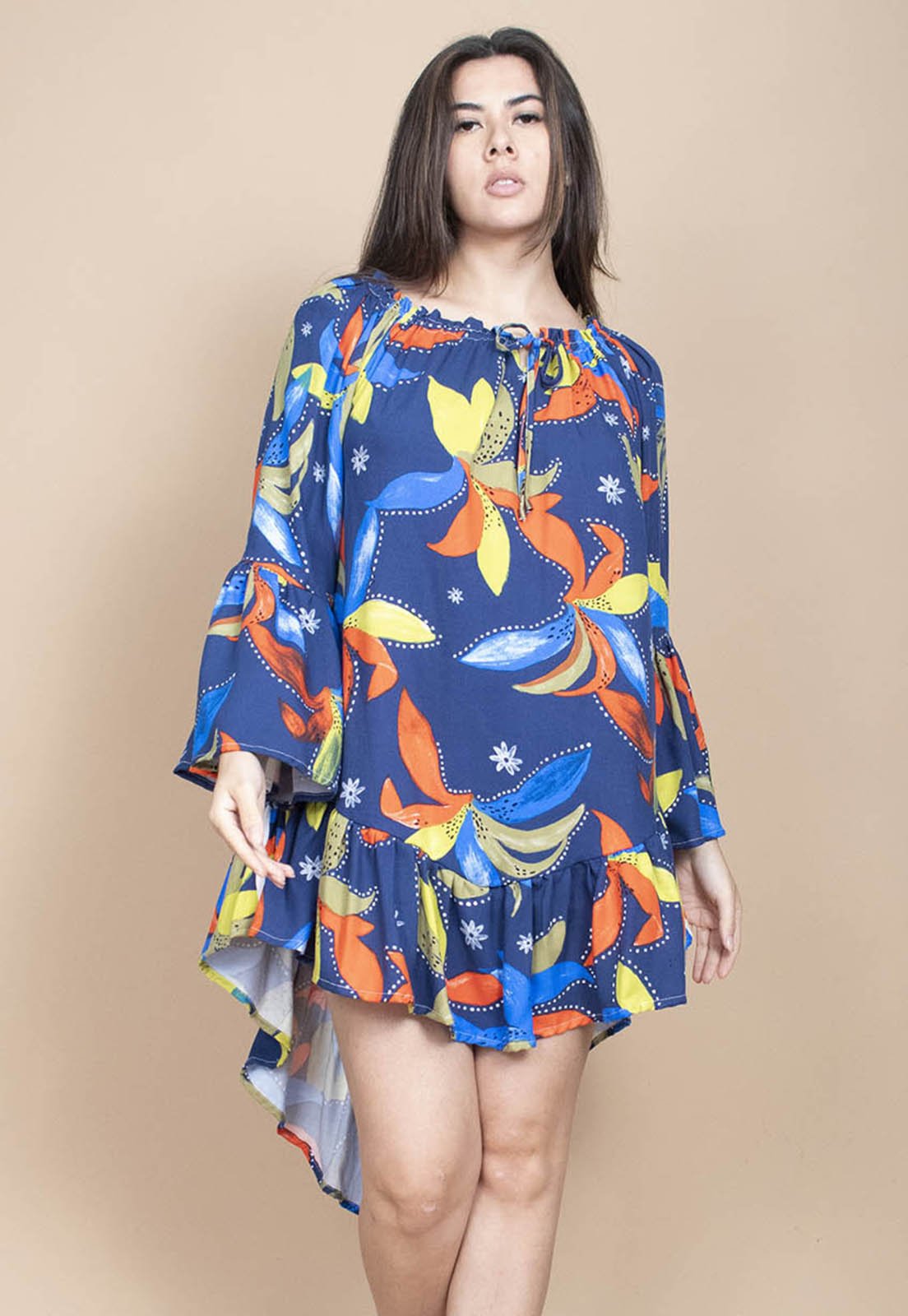 Vestido Curto Cabanafree Viscose Com Babados Estampa Maré Vibrante