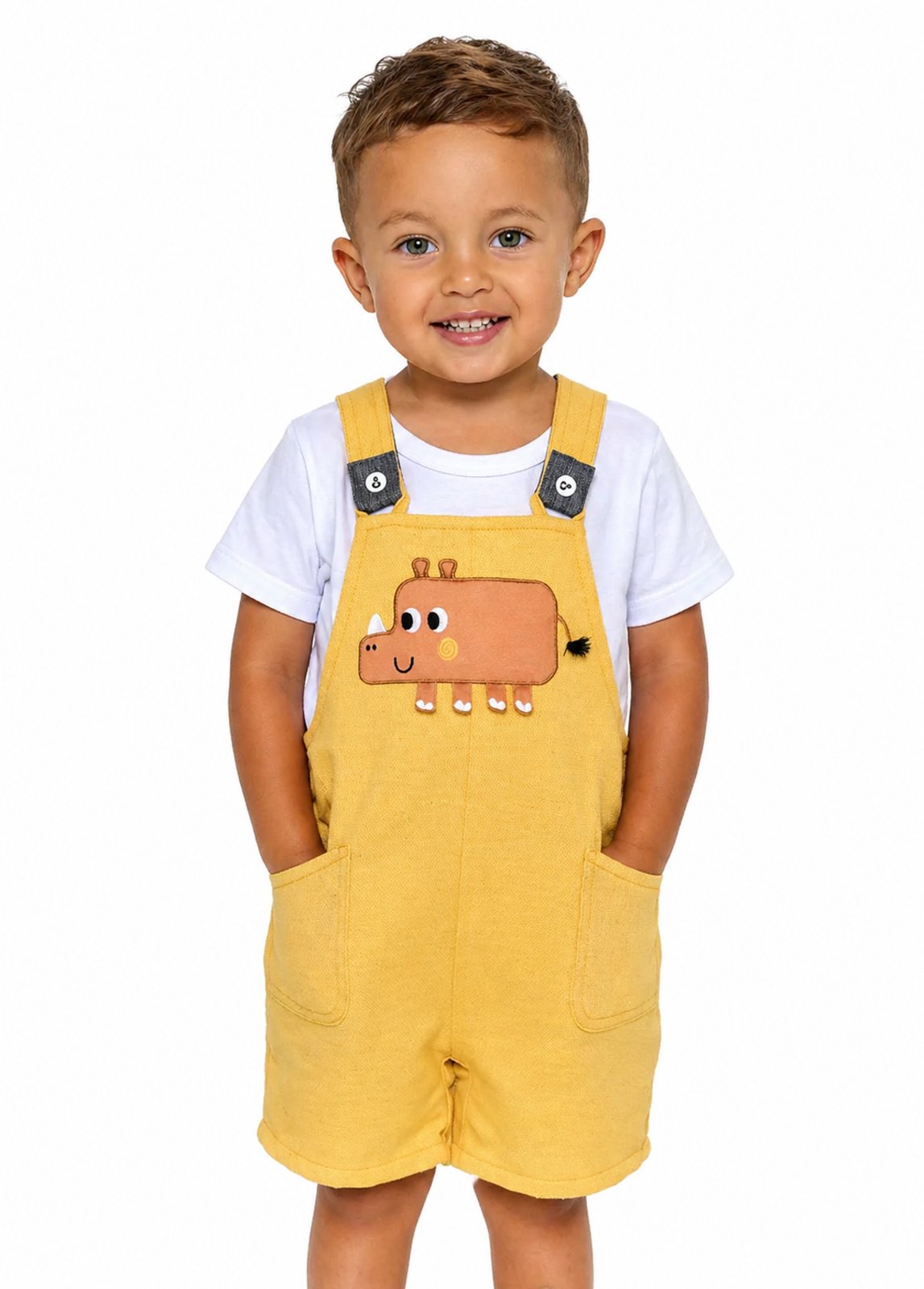 Infantil - Jardineira Meu Amigo Rino Confortável com Detalhe Amarelo