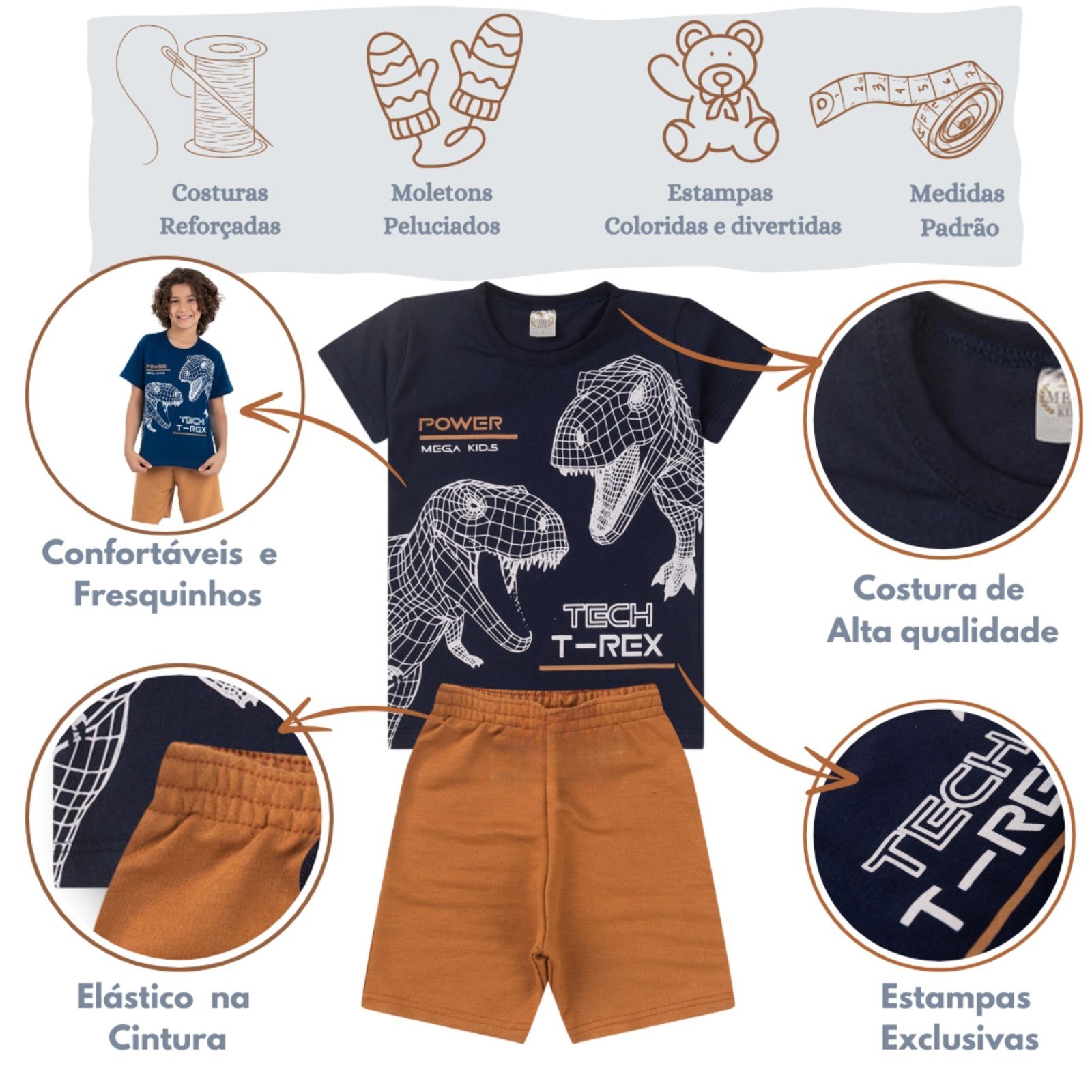 Vista 3 Infantil - Kit Conjunto Verão Menino Com 5 Conjuntos Sortidos Mega Kids unico Mega Kids unico