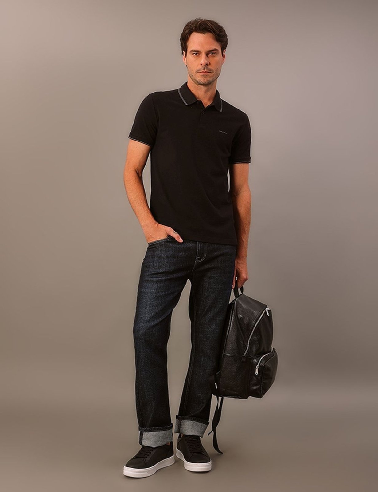 Camisa Polo Masculina Básica Com Friso Calvin Klein - Preto CKS Premium Label