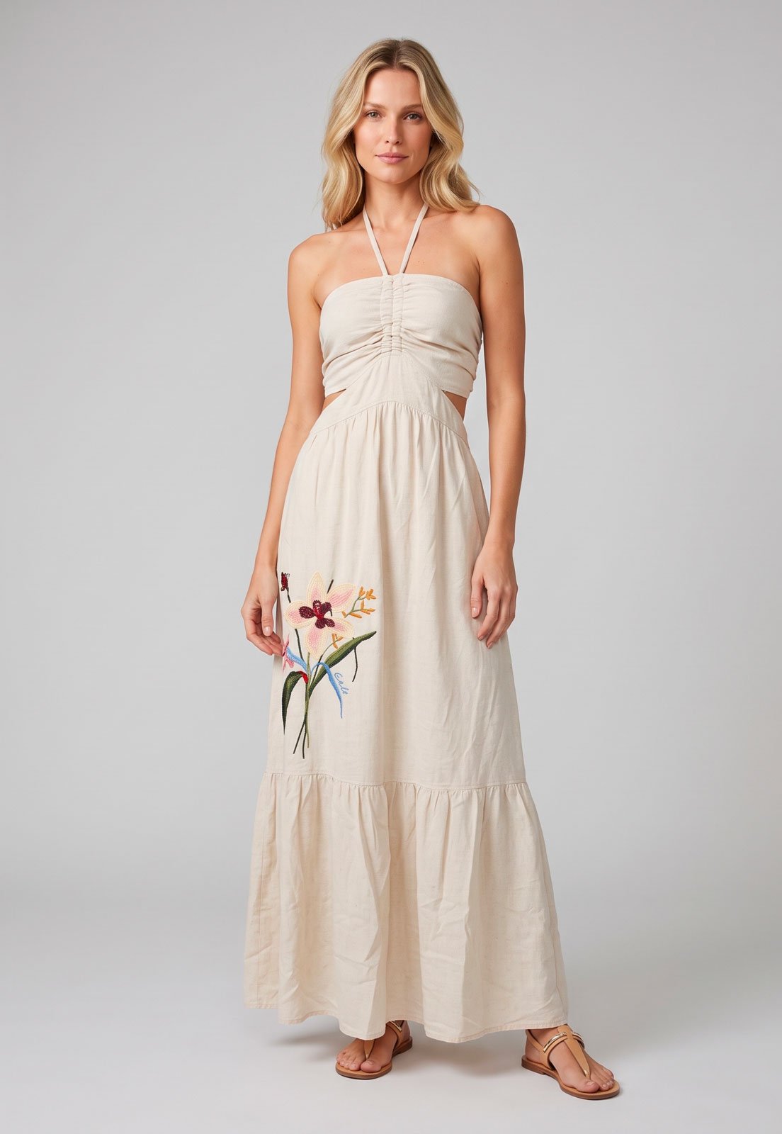 Vestido Lez a Lez Bordado Floral Bege