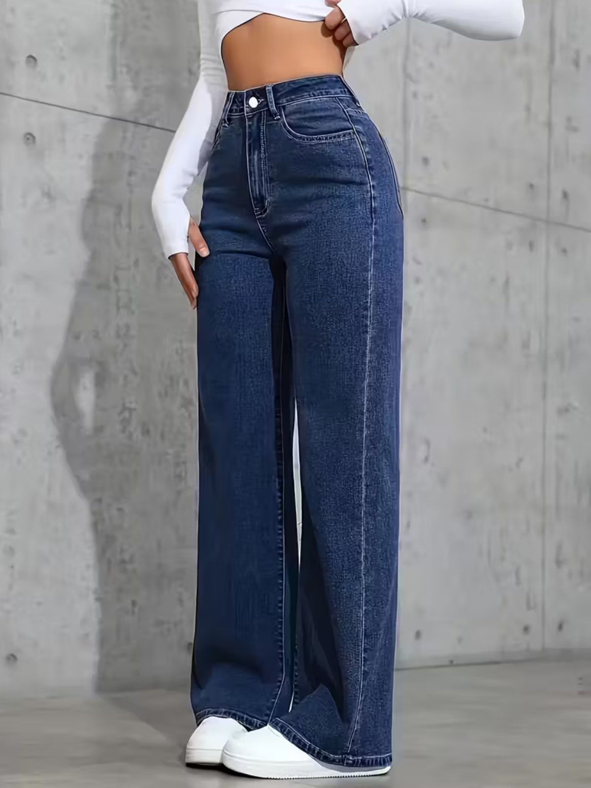 Calça Wide Leg Feminina Kovali Fashion Store Confortavel e Básica Tecido Premium Azul Escura