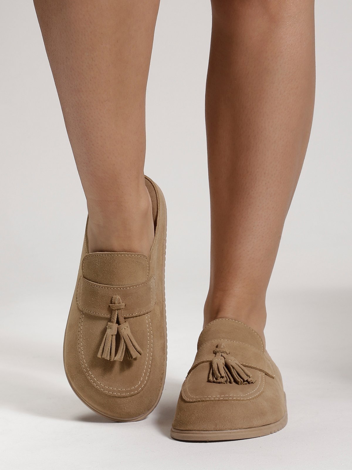 Clogs Couro Legítimo Flor de Griffe Feminino Mocassins Prático Confortável Elegante Moda Casual Areia