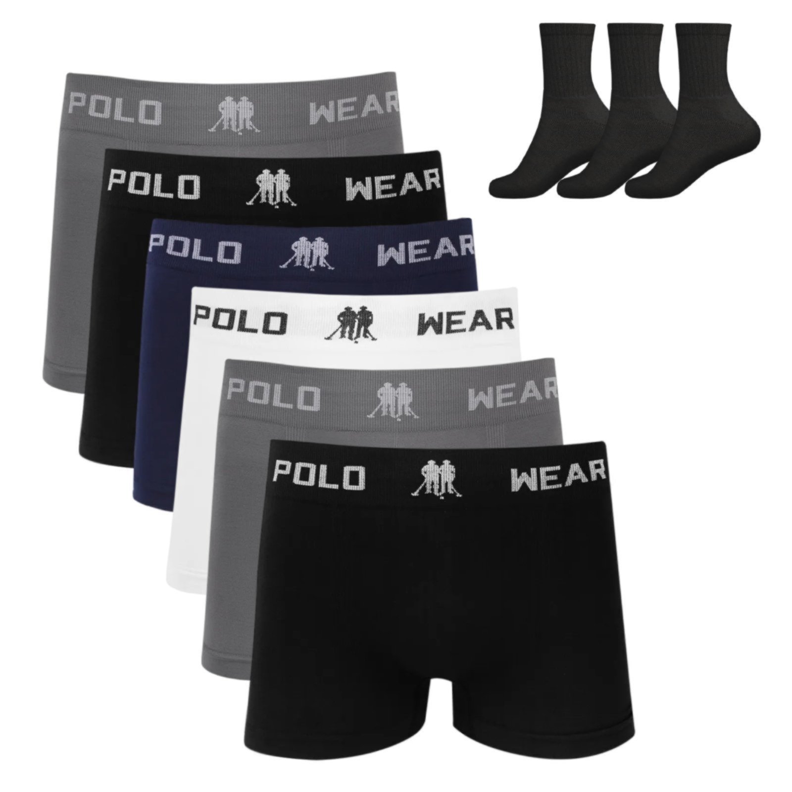 Kit 6 Cueca Boxer Polo Wear Microfibra Sortido + 3 Meias M11 Colorido