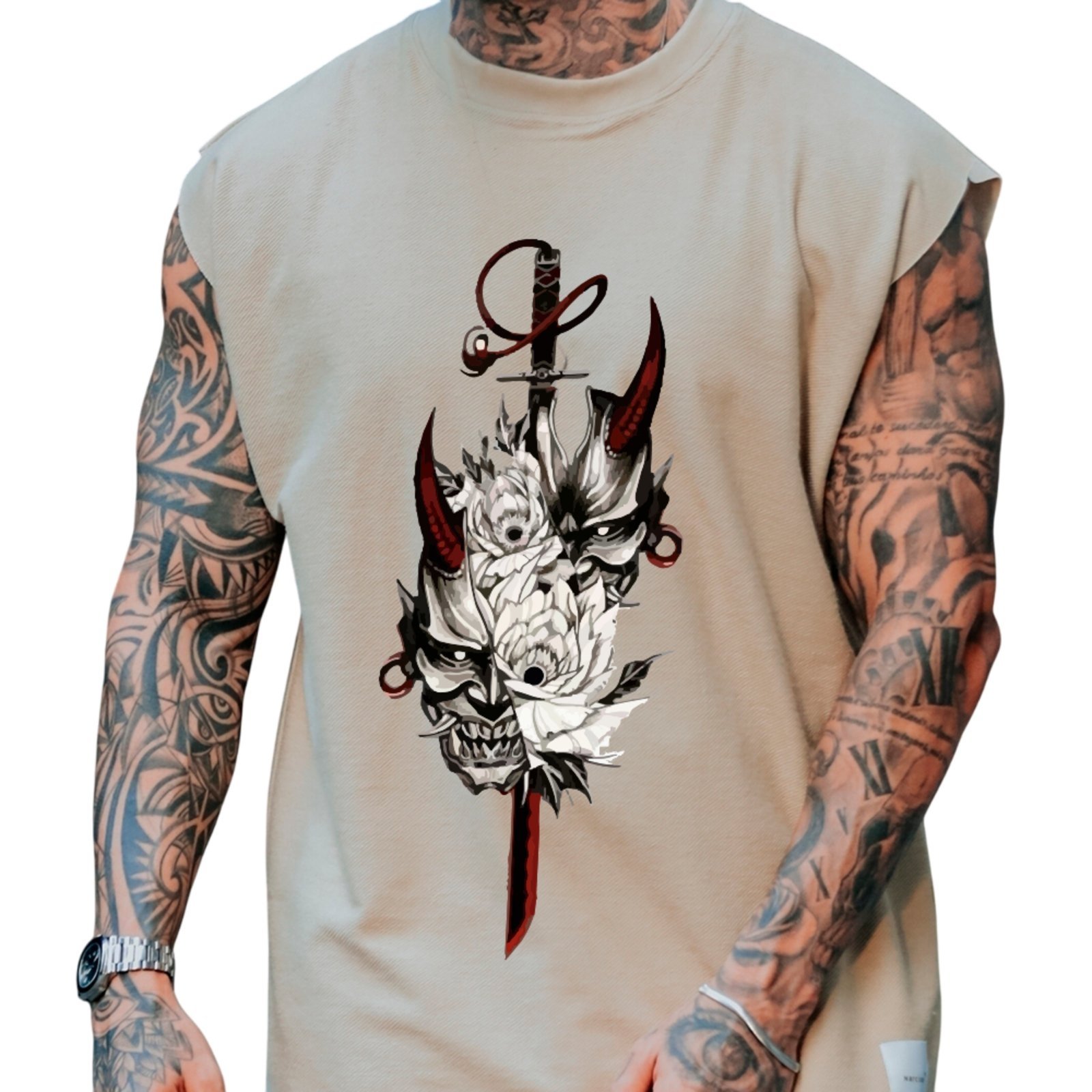 Camiseta Regata Machão Ousy Oni Samurai Oversized Masculina Off White