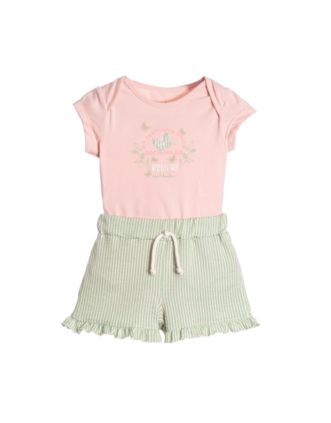 Infantil - Conjunto body cotton rosa e shorts malha canelada listrada verde