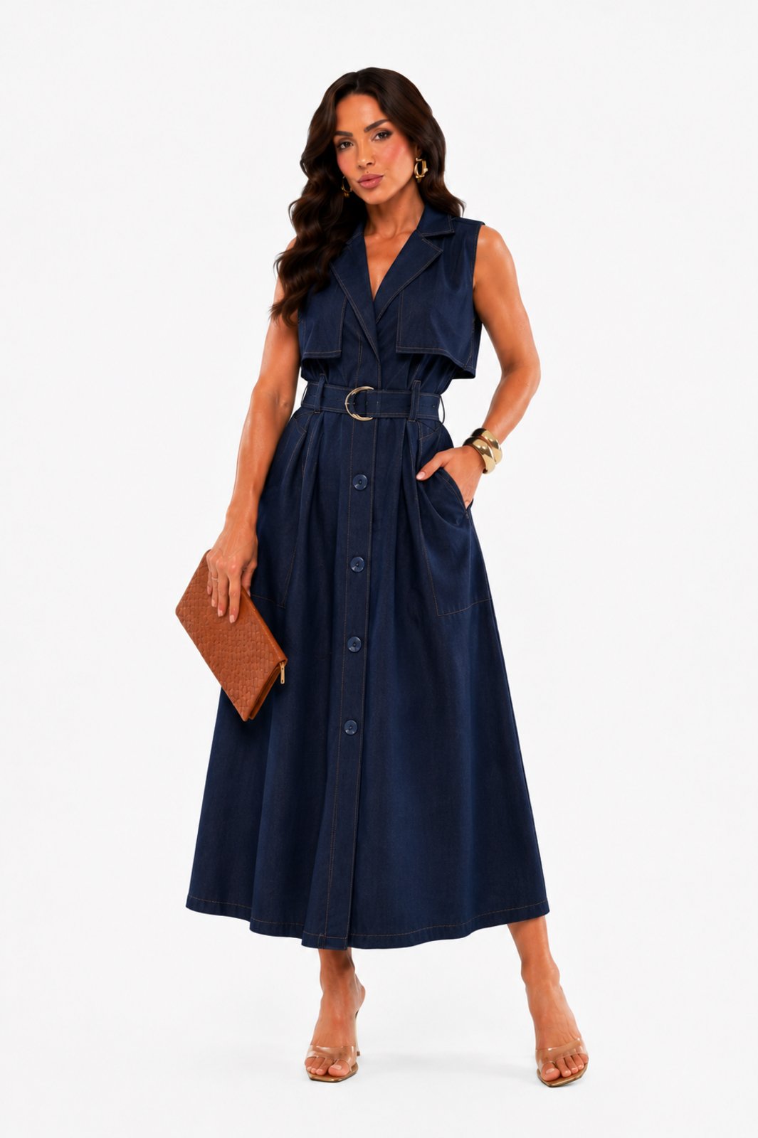Vestido Midi D Bell Outlet Fashion Chemise Azul Marinho
