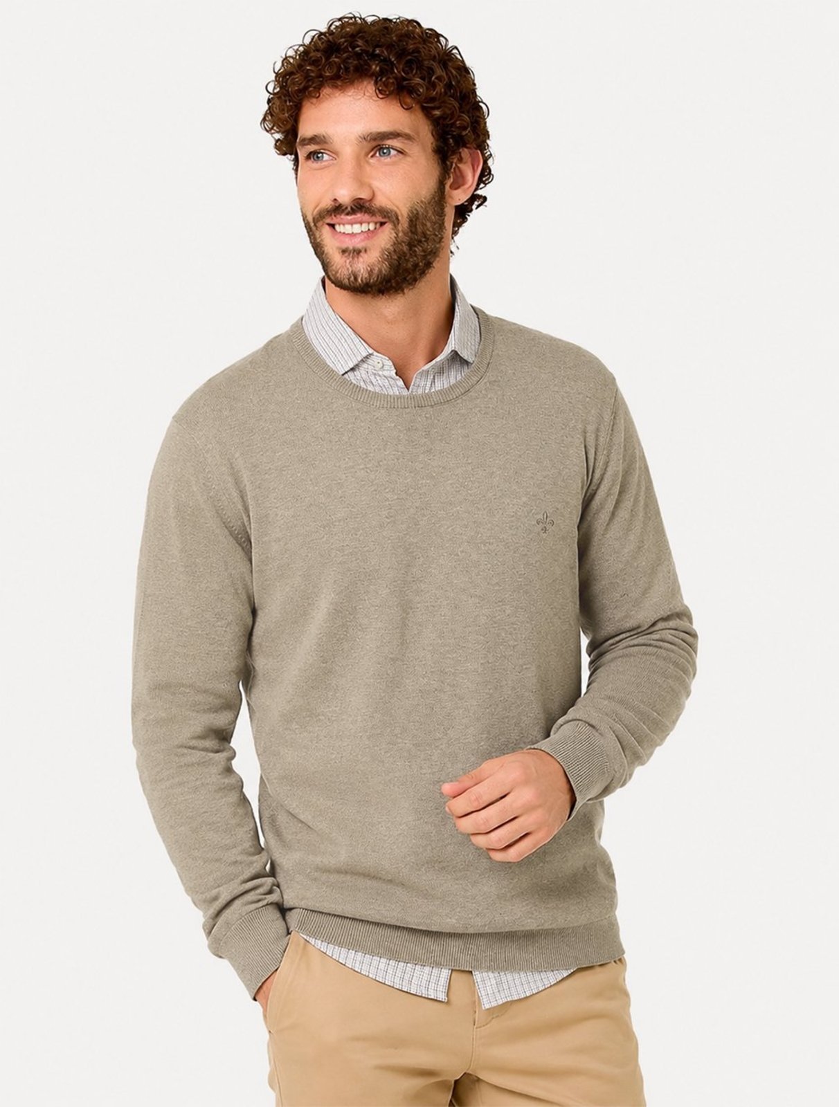 Suéter Dudalina Masculino Tricot Crewneck Básico Cáqui