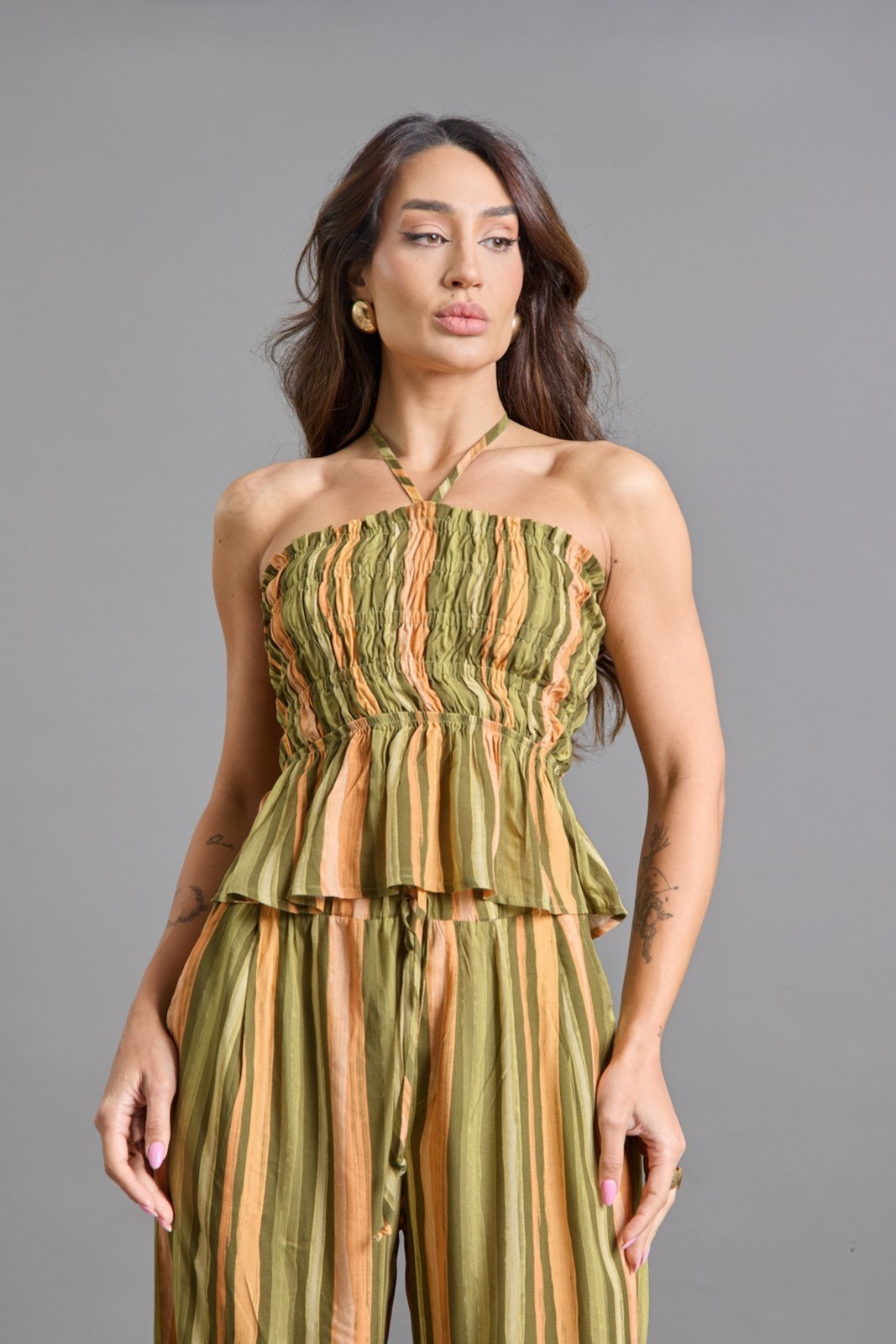 Blusa Tomara Que Caia Verde Listrada em Viscose Lemier Collection