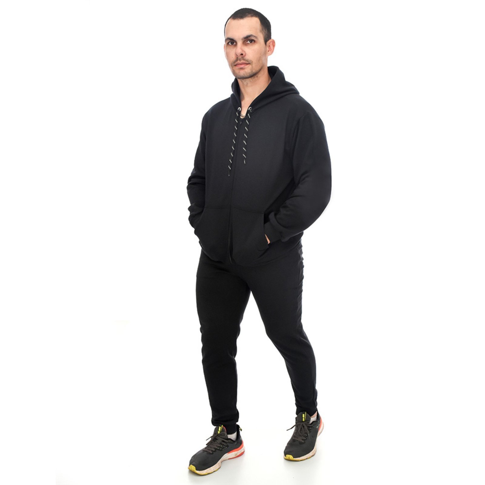Conjunto Em Moletom Blusa Com Zíper e Capuz Jaqueta E Calça Estilo Jogger Adulto Preto Aliarthe
