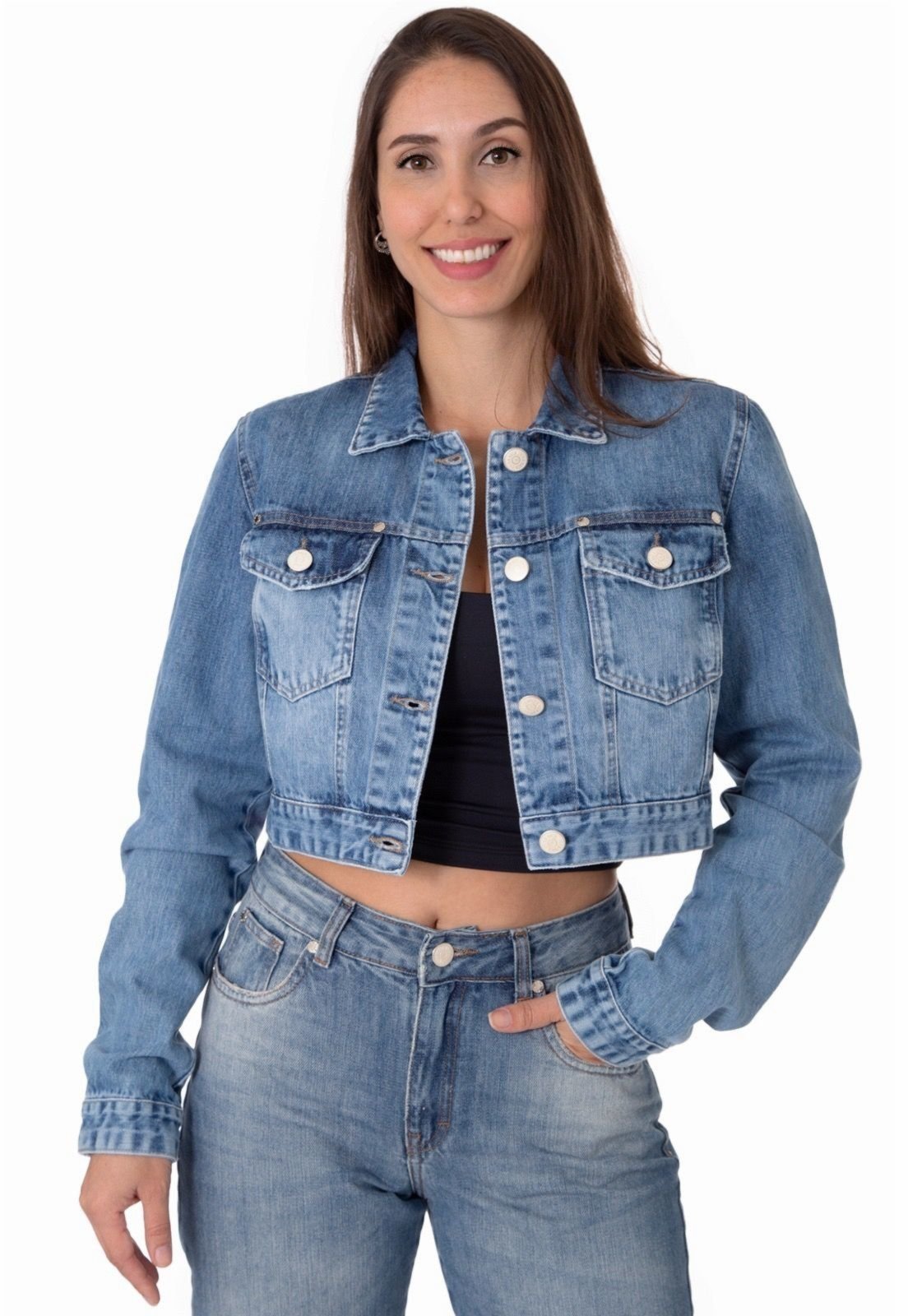 Jaqueta Jeans Feminina Operarock Cropped Azul