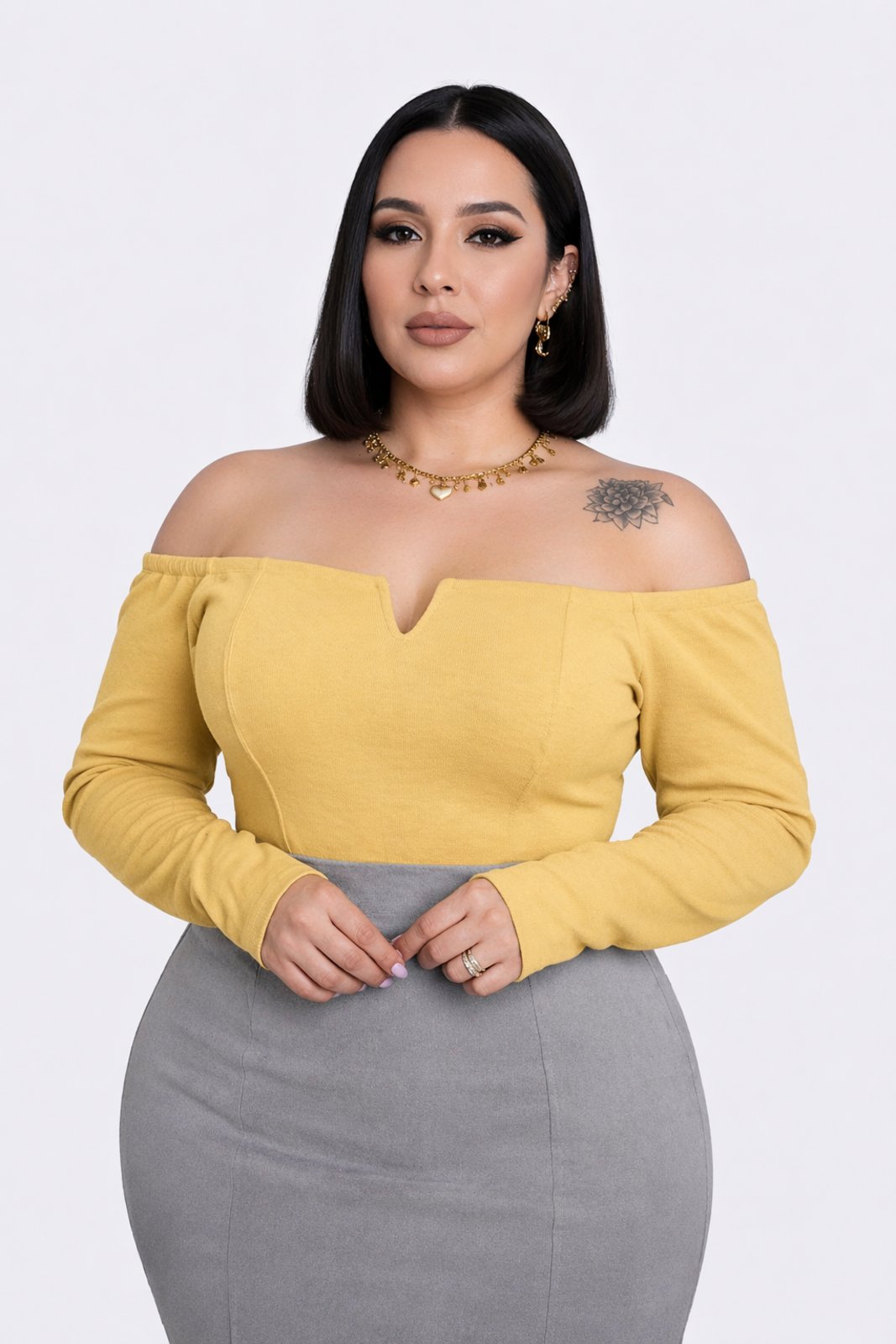Cropped Plus Size D Bell Outlet Fashion Ombro a Ombro Amarelo