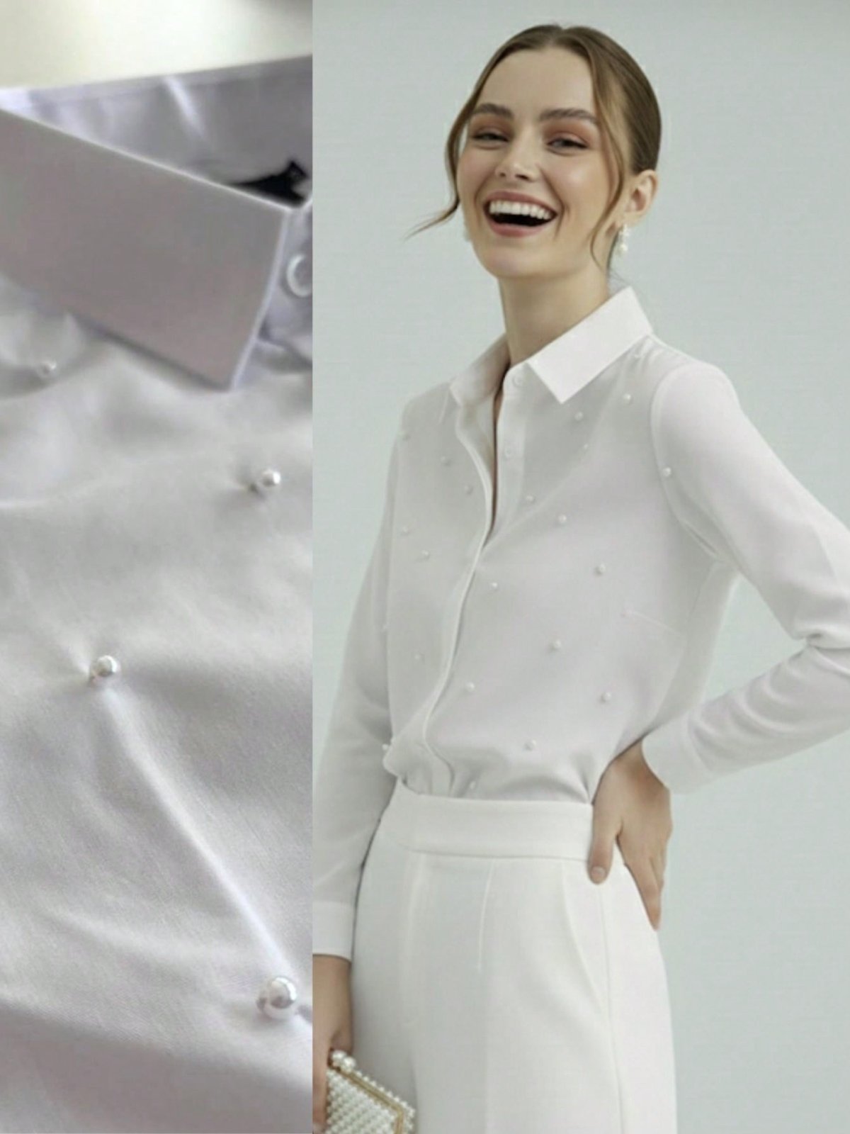 Camisa Social Feminina com Linha de Pérolas Premium Branca | Blusa de Luxo Manga Longa Elegante Aplicações de Pérolas Branco