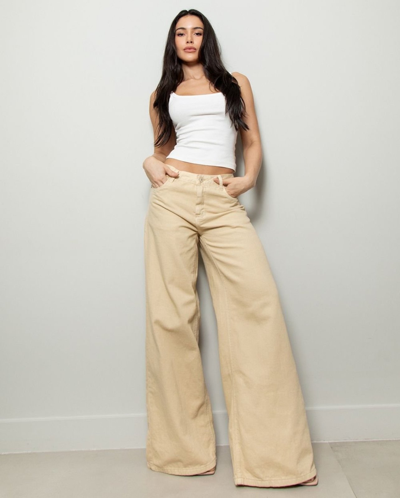 Calça Jeans Wide Leg Feminina Relaxed 25408 Bege Consciência
