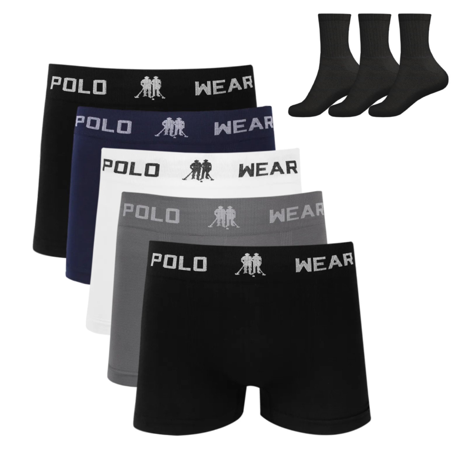 Kit 5 Cueca Boxer Polo Wear Microfibra Sortido + 3 Meias M11 Colorido
