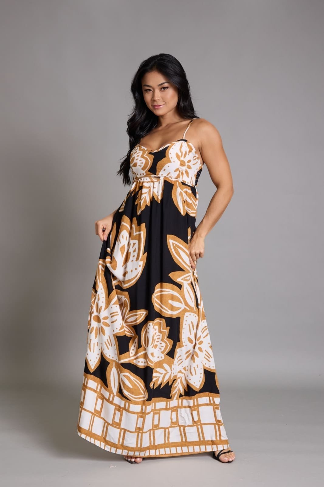 Vestido Longo Floral Alças Finas Verão Lemier Collection Bege