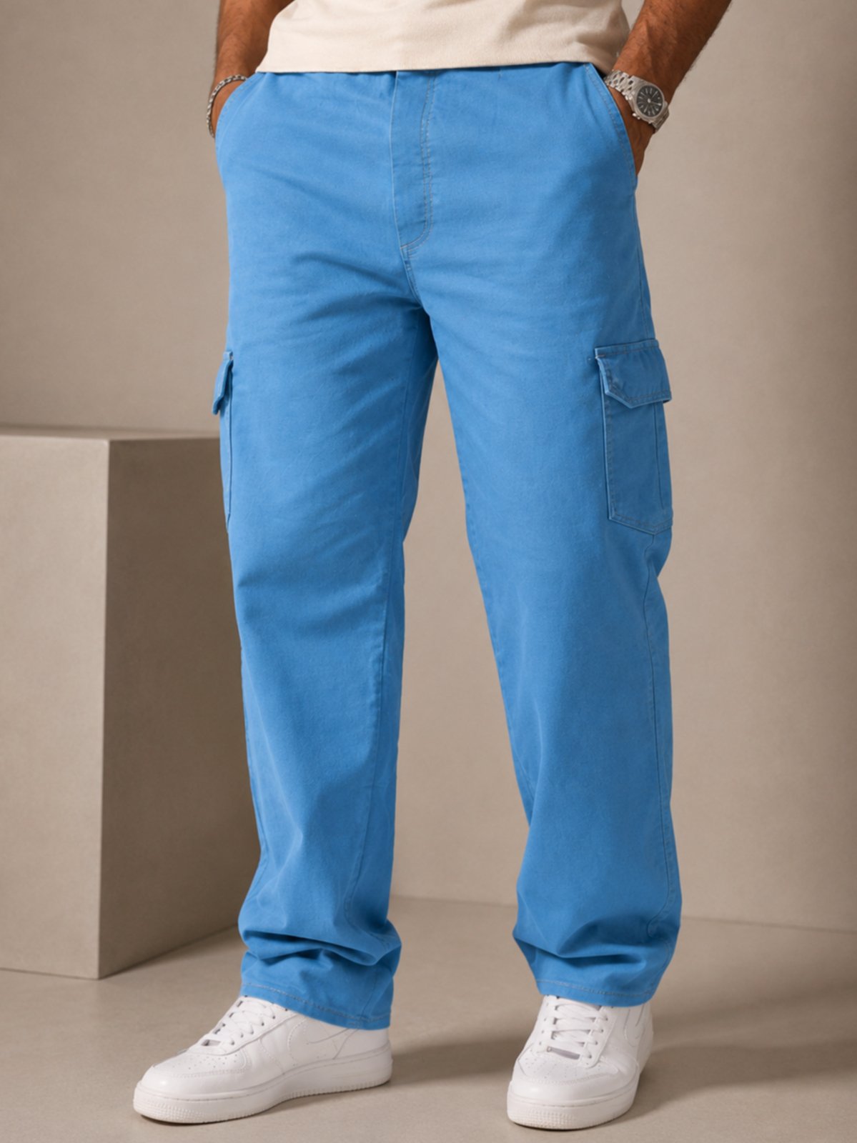 Calça Cargo Masculina Yellow Jeans Azul Claro Sarja Premium Bolsos Laterais Confortável Casual
