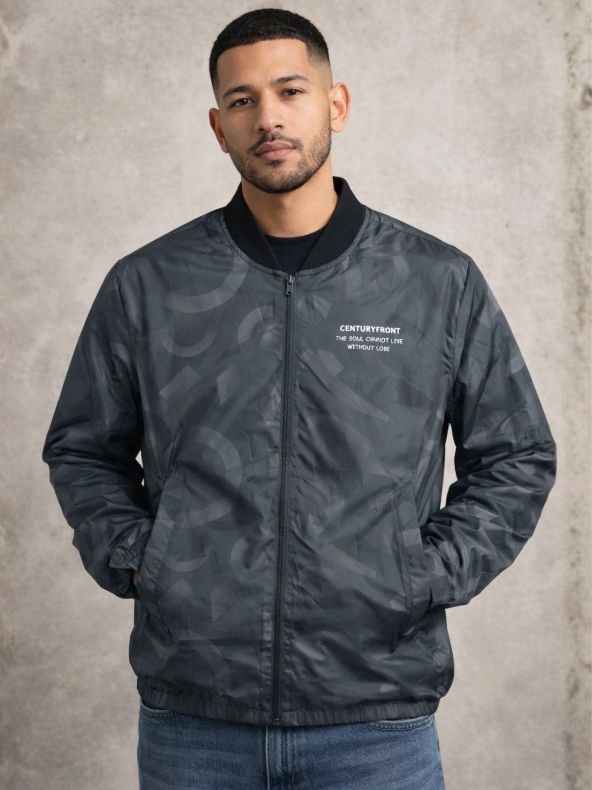 Jaqueta Masculina Bomber Cinza Escuro Estampada com Zíper Casual Moderna