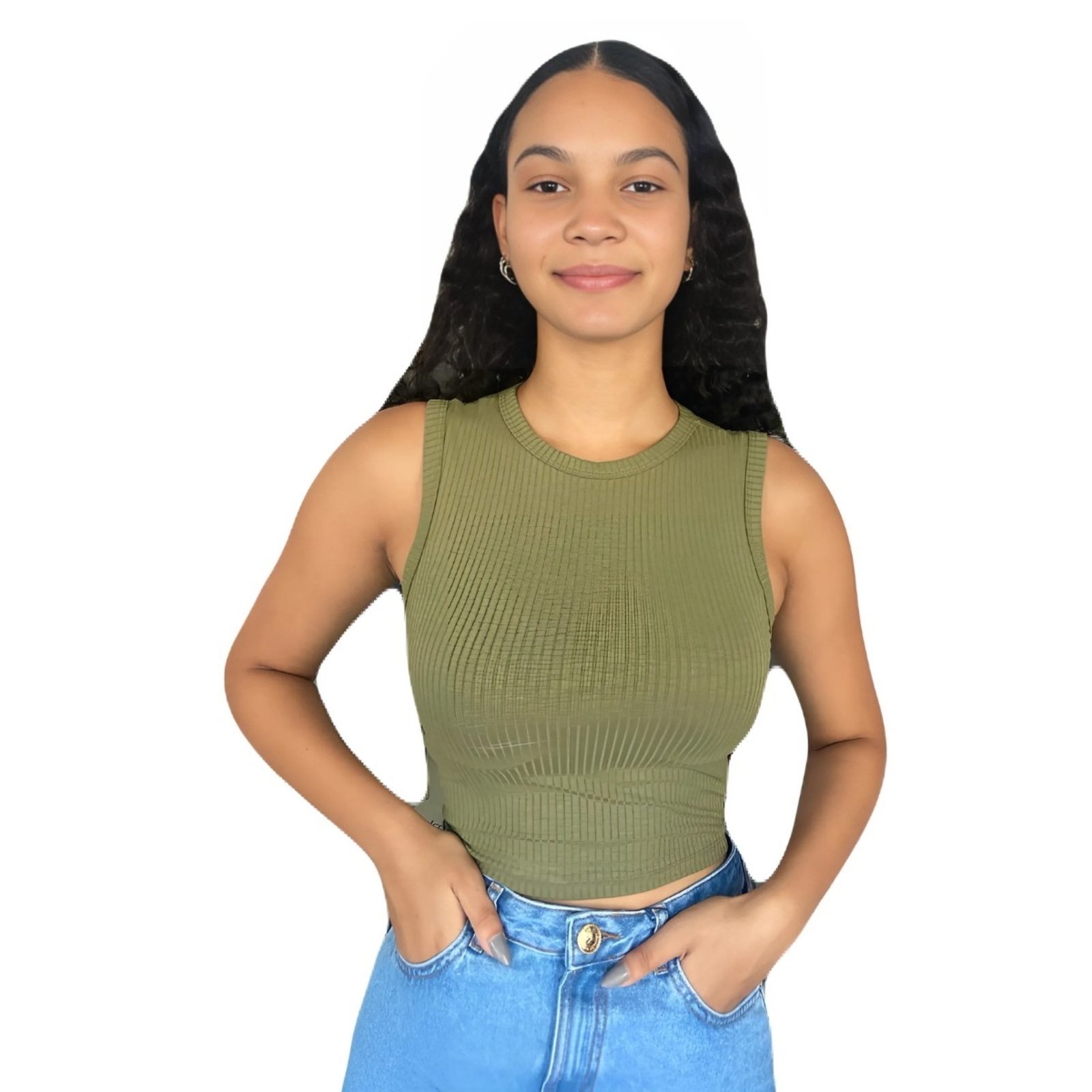 Blusa Feminina Regata Cropped Canelada Flor De Lis