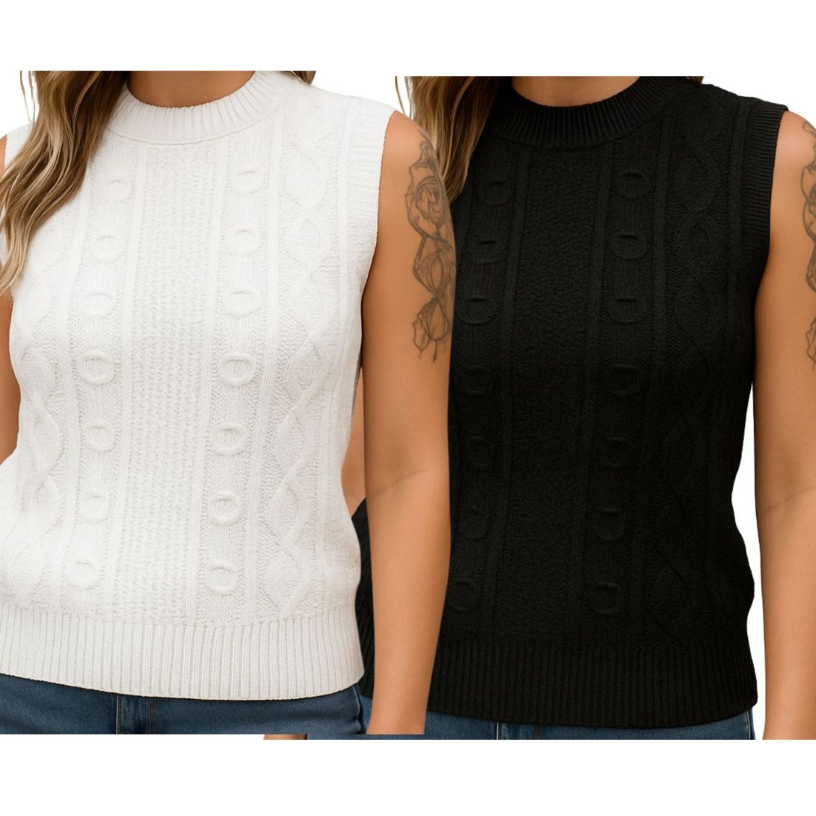 Kit 2 Blusas Tricô FMF Preta e Branca Sem Manga Básica Casual Preto