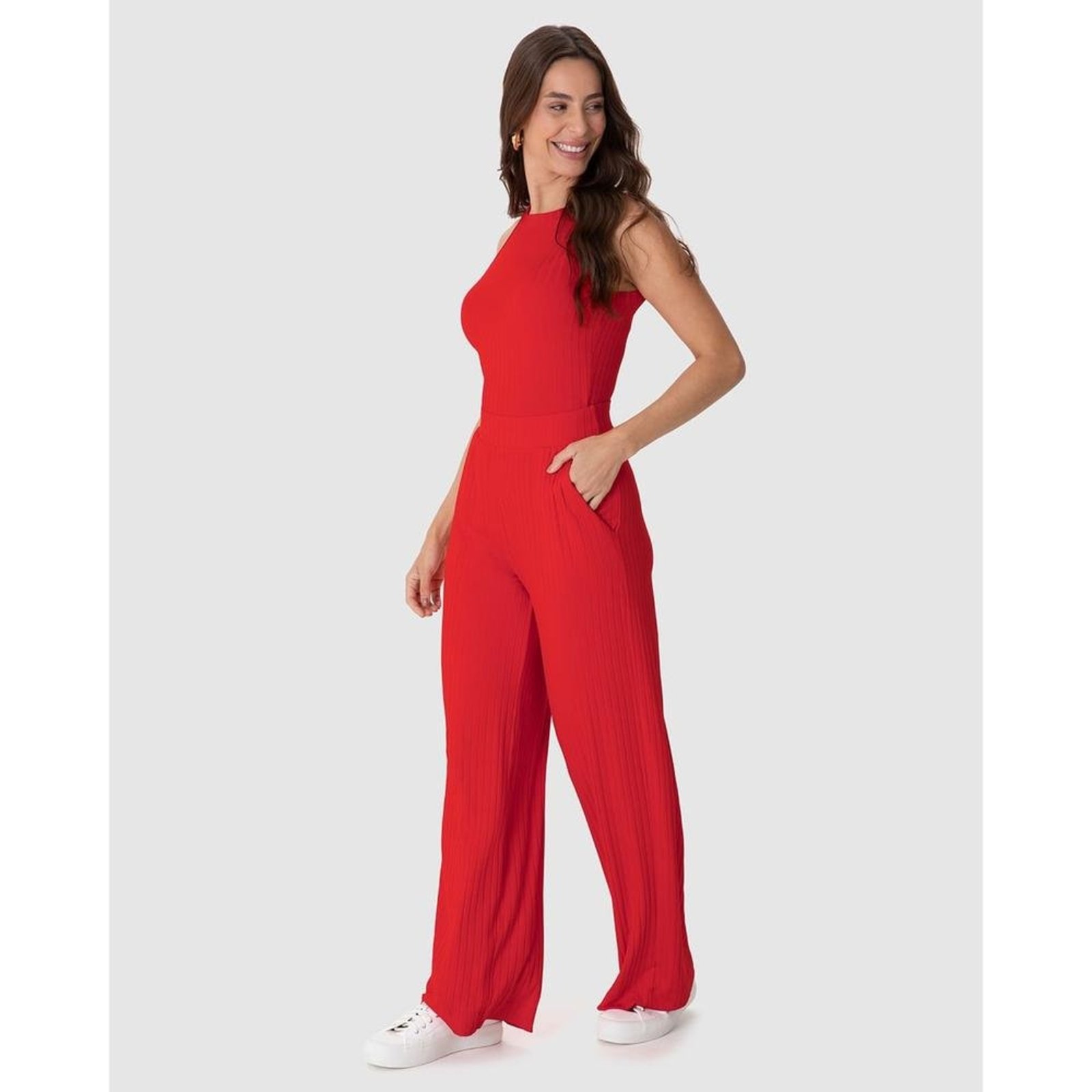 Calça Wide Leg Feminina Cintura Alta Em Malha Canelada De Viscose