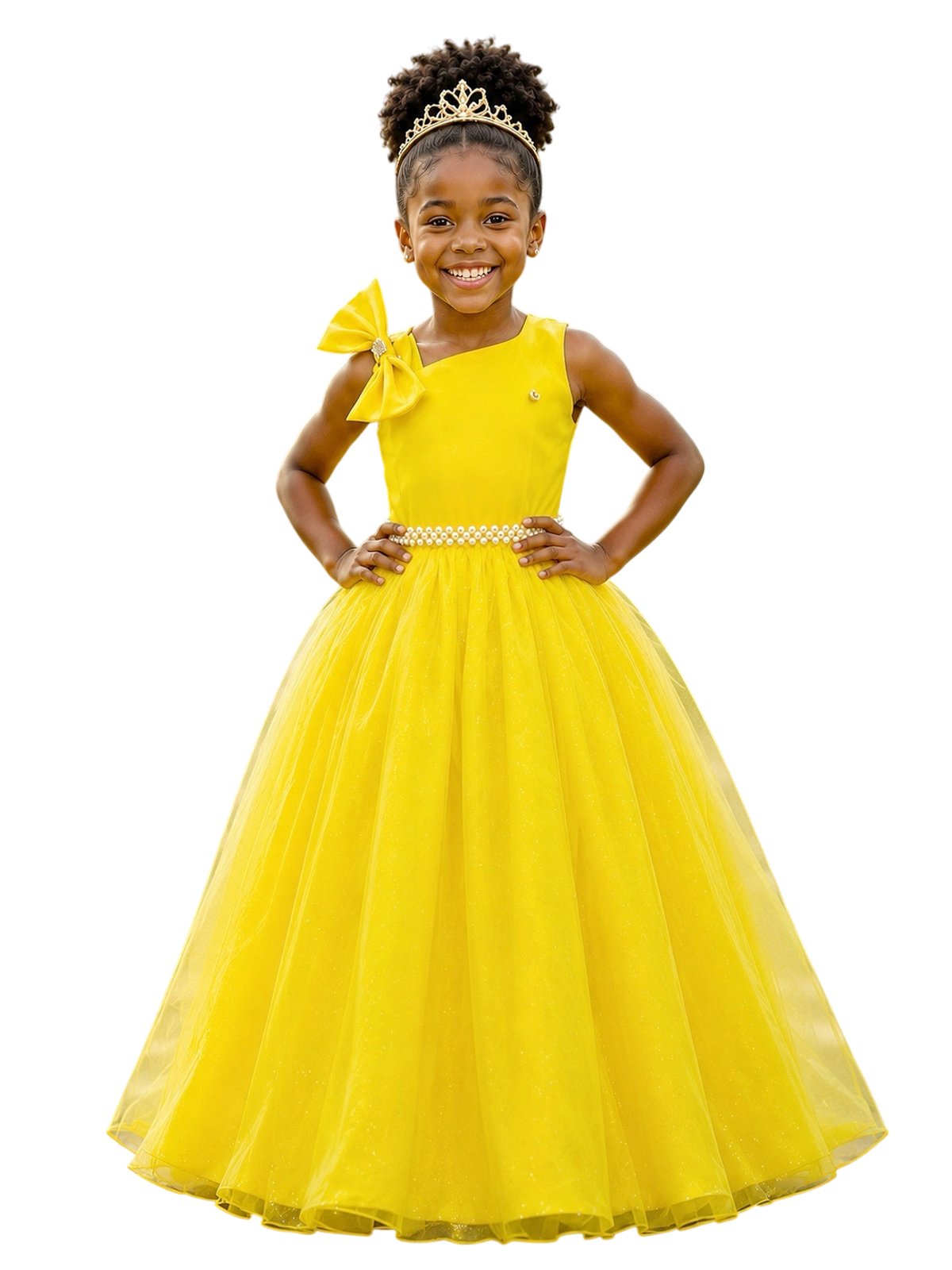 Infantil - Vestido Longo Formatura Amarelo Social Luxo Festa Casamento Pérolas Laço Dama Daminha Menina Juvenil Juvenil Princesa Rodado Florista Aniversário