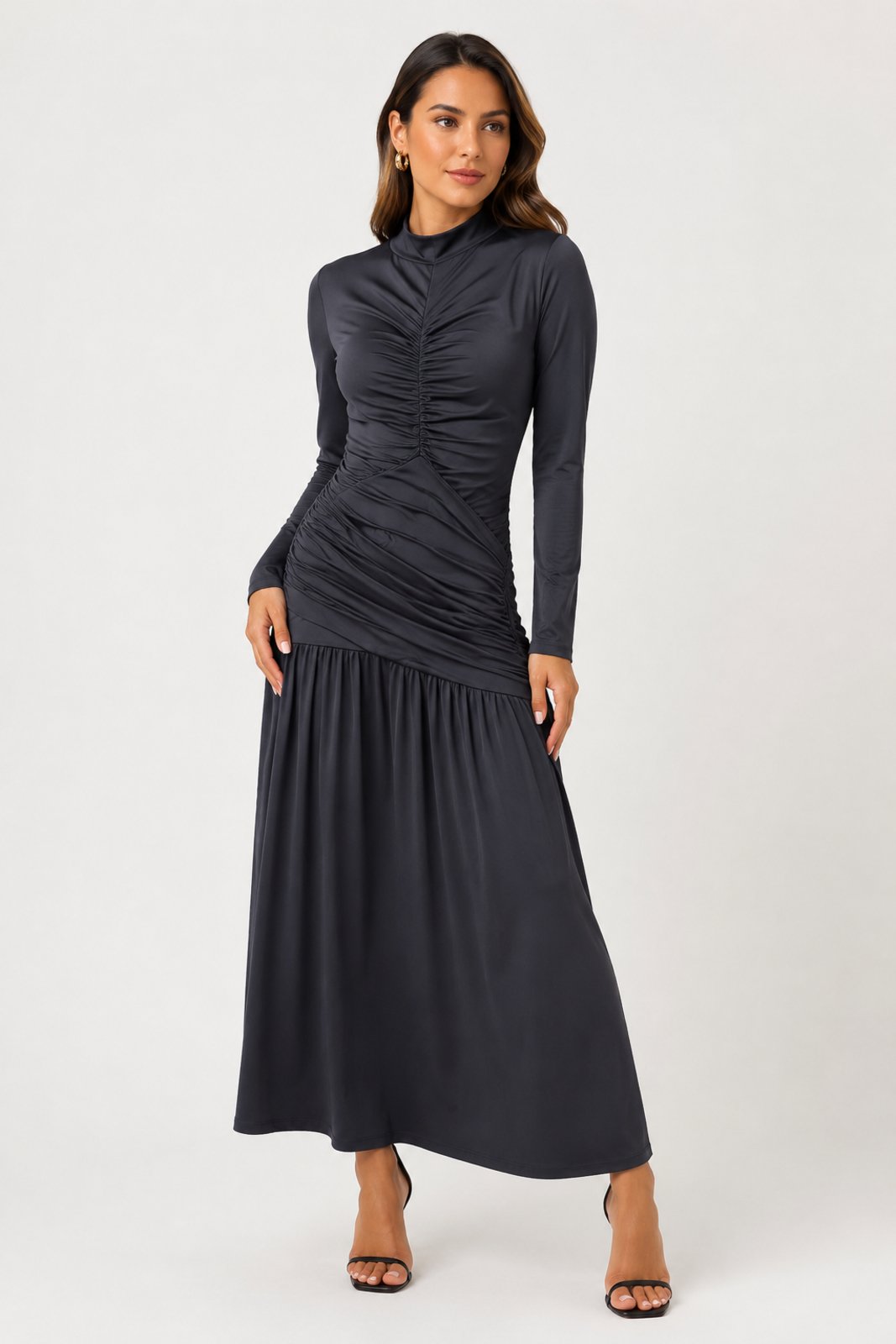 Vestido Longo D Bell Outlet Fashion Gola Alta Drapeado Preto