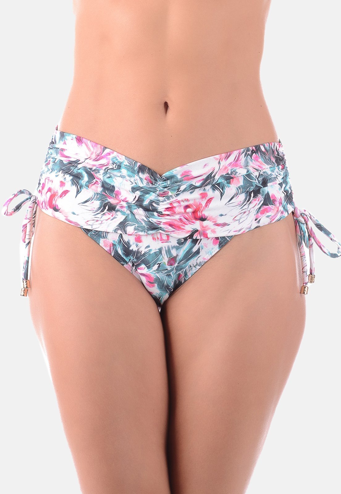 Calcinha Summer Soul Cintura Baixa Cós Franzido Com Amarração Floral Rosa