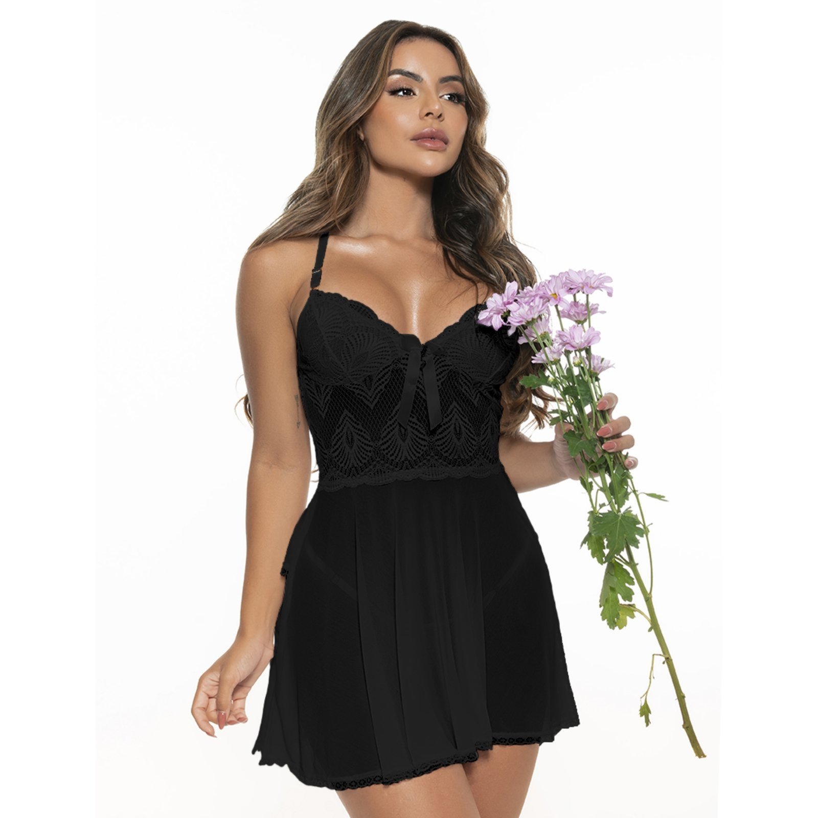 Camisola Tetê Variedades Renda Transparência Curta Lingerie Sensual Pijama Preto