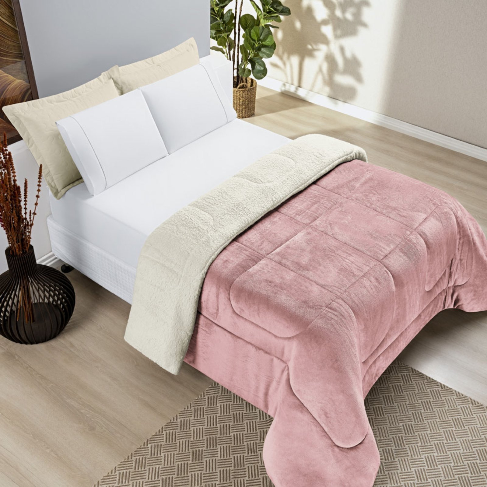 Coberdrom Casa Scarpa Apollo King Sherpa Pele de Carneiro + Manta Flannel - Rosa