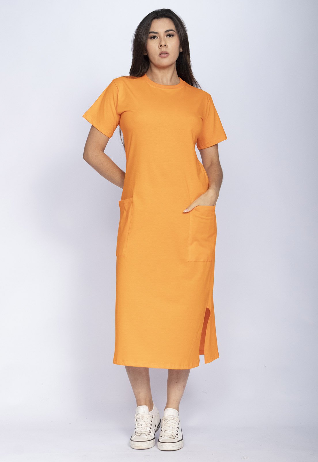Vestido Cabanafree Midi Easy Algodão Manga Curta Laranja Summer
