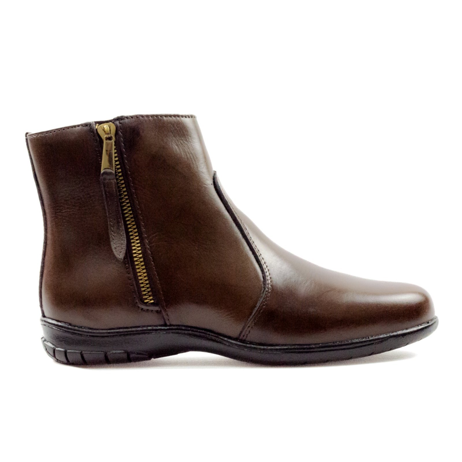 Bota Feminina Herlim Cano Curto Couro Salto Baixo Zíper Conforto Café